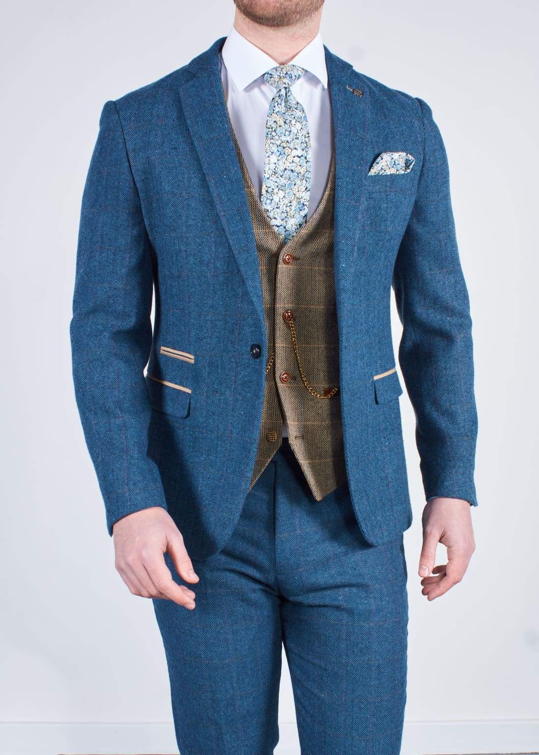Marc Darcy Dion Blue Tweed 3-Piece Wedding Suit with Tan Brown Waistcoat - Perfect for Formal Events, Weddings & Special Occasions