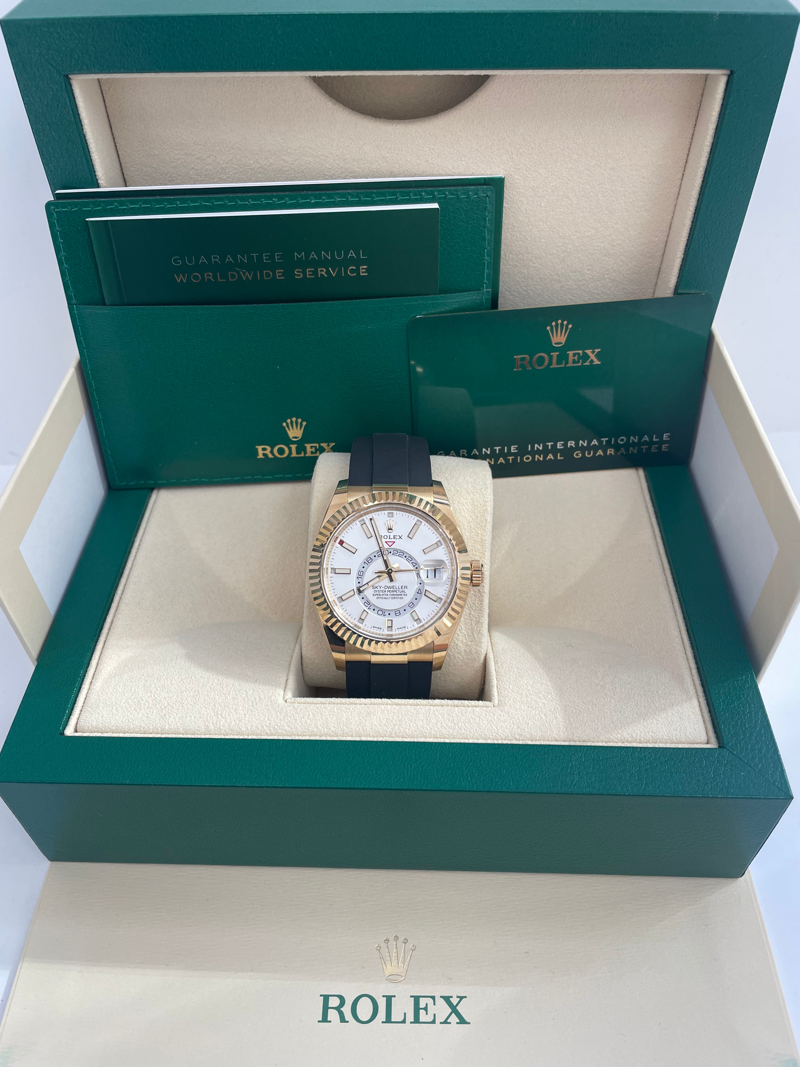Rolex Sky-Dweller 326238 - 18K Yellow Gold Watch with White Index Dial & Oysterflex Bracelet | Luxury Men's Timepiece for Business, Travel & Special Occasions