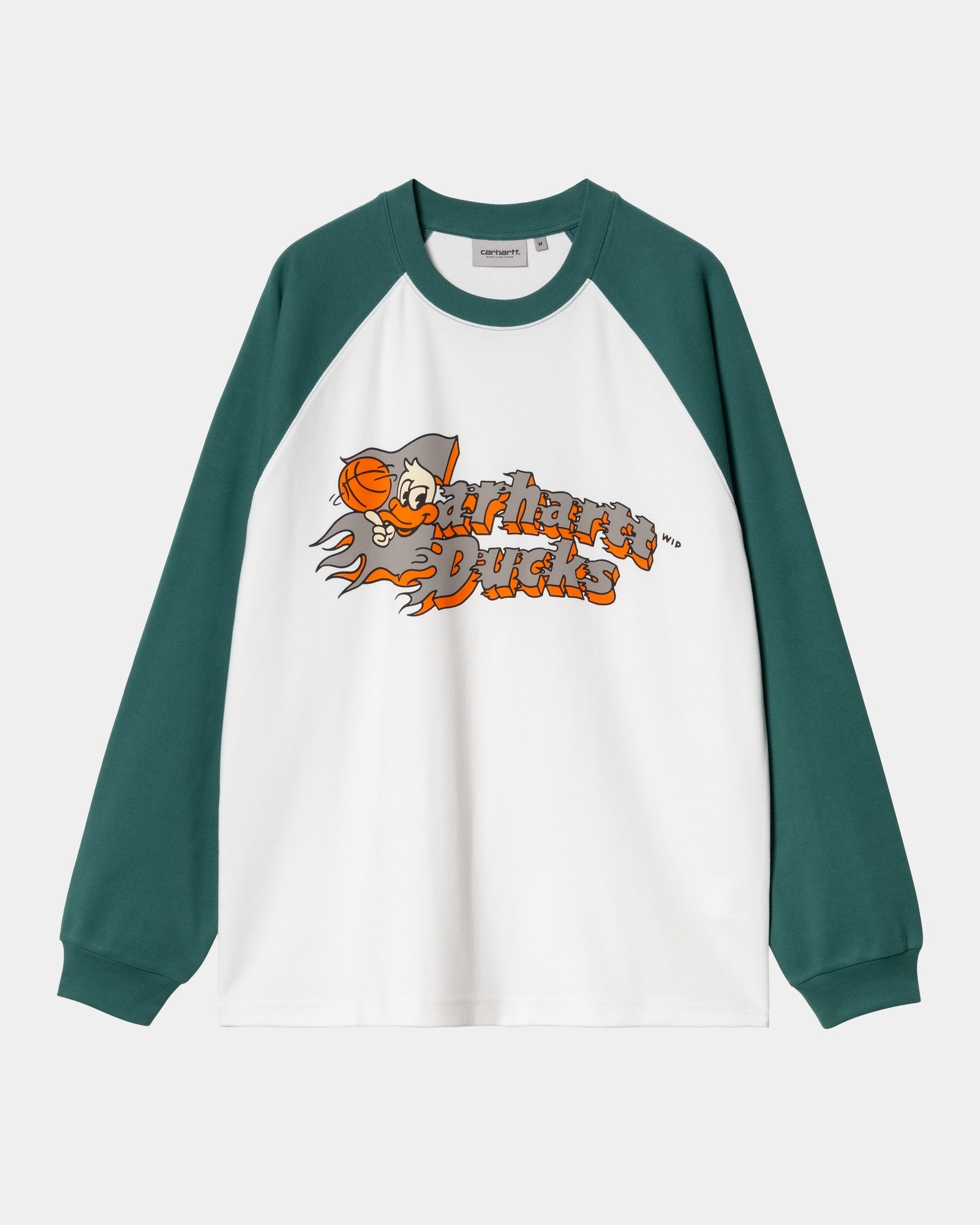 Flaming Ducks Baseball Long Sleeve T-Shirt - White & Rainforest Colors | Comfortable Cotton Jersey for Men's Sports & Casual Wear
