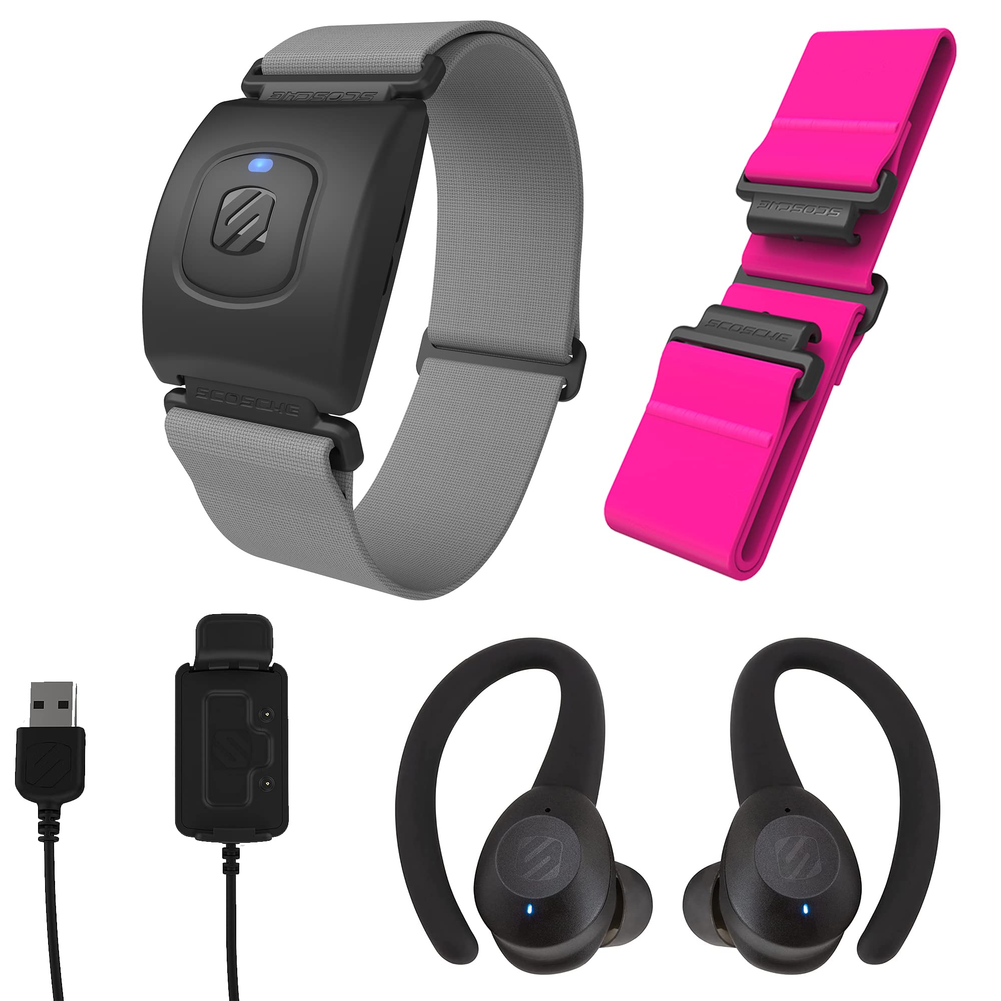 Scosche Rhythm+ 2.0 Heart Rate Monitor & ThudBuds Bluetooth 5.0 True Wireless Earbuds - Black Sports Bundle for Running, Gym Workouts & Fitness Tracking