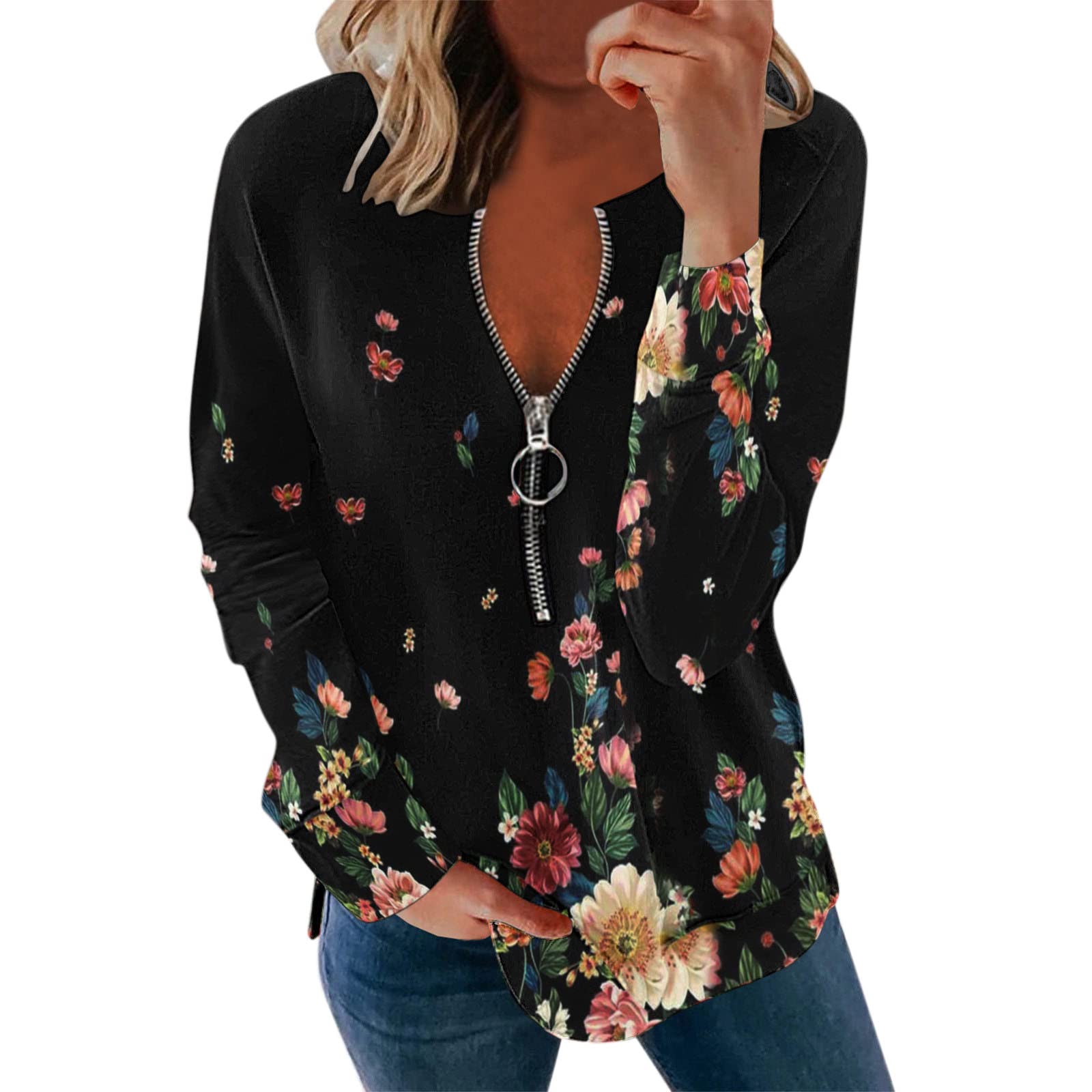 Women's Floral Print Long Sleeve Blouse with Zipper - Casual T-Shirt Top for Everyday Wear | Perfect for Office, Dating & Weekend Outfits