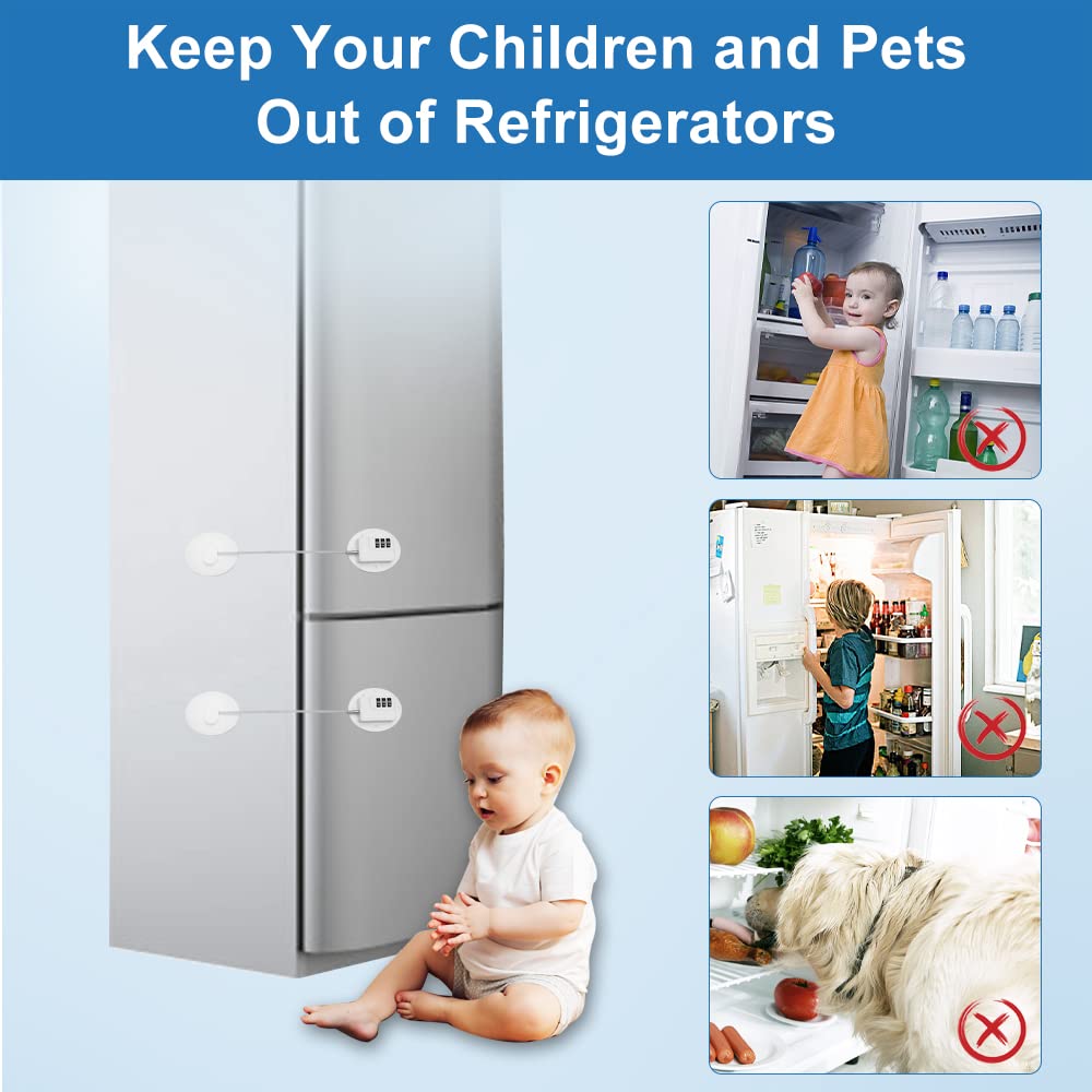 AOSITE 4-Pack White Refrigerator Lock Combination - Child Proof Fridge Locks for Adults & Kids, Strong Adhesive Mini Fridge Security Locks - Perfect for Home, Office, Dorm & Travel Use