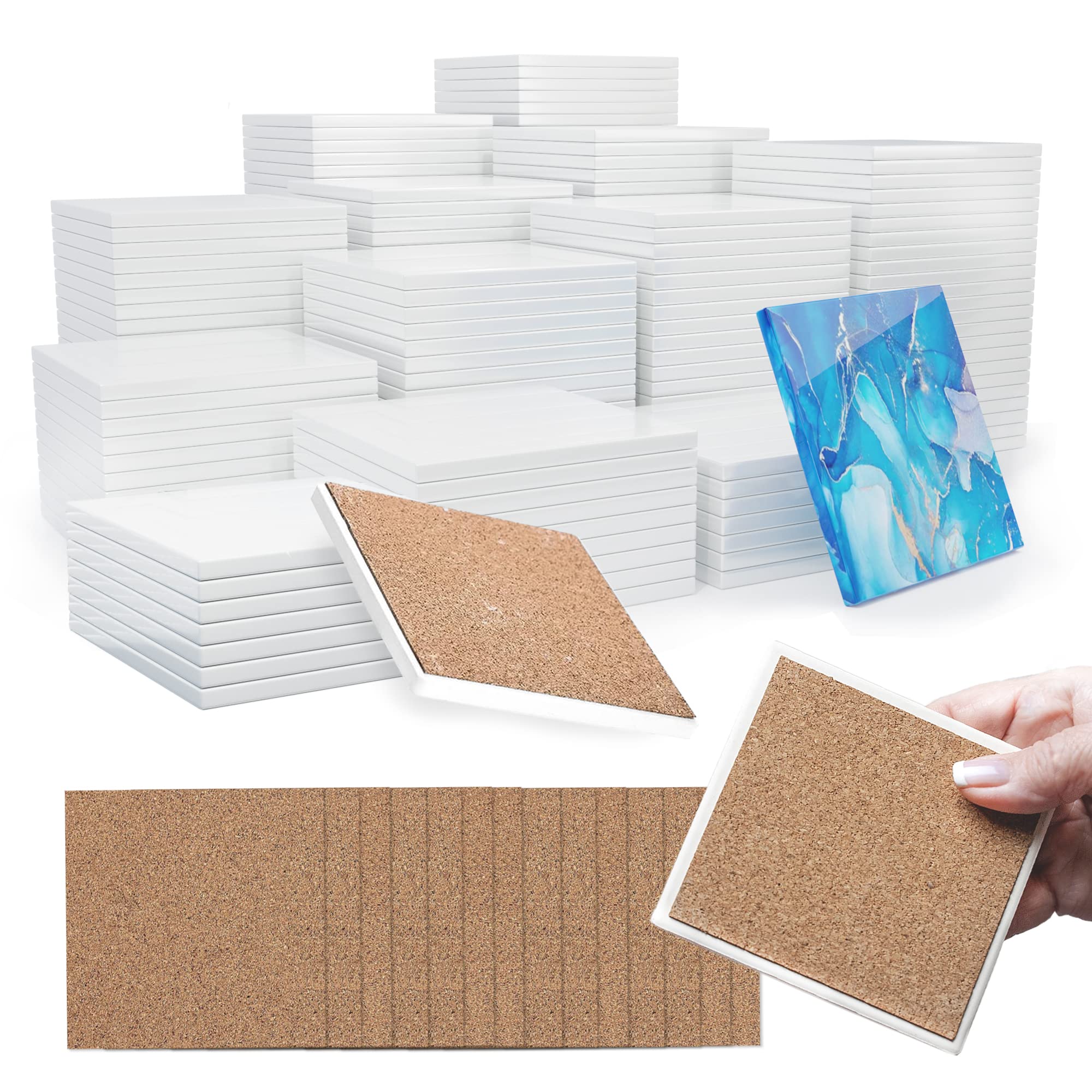 Pixiss 100-Pack 4x4 Inch Glazed Ceramic Coasters with Cork Backings - DIY Blank Square Tiles for Alcohol Ink, Acrylic Pouring & Painting - Perfect for Home Decor, Craft Projects & Party Supplies