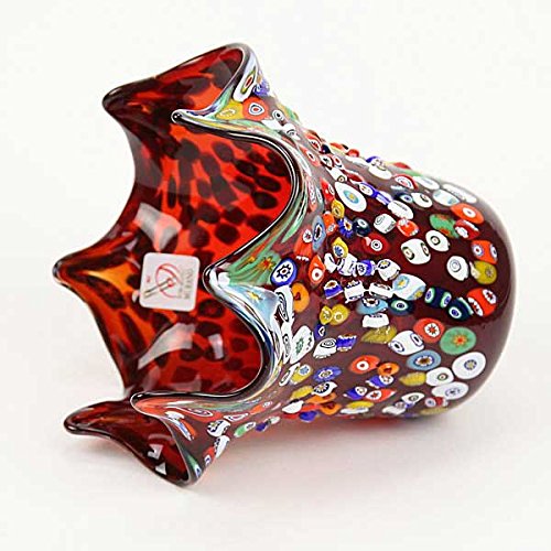 Authentic Murano Glass Millefiori Mosaic Fazzoletto Vase in Red - Handcrafted Venetian Art Glass Vase for Home Decor, Wedding Centerpiece & Luxury Gift