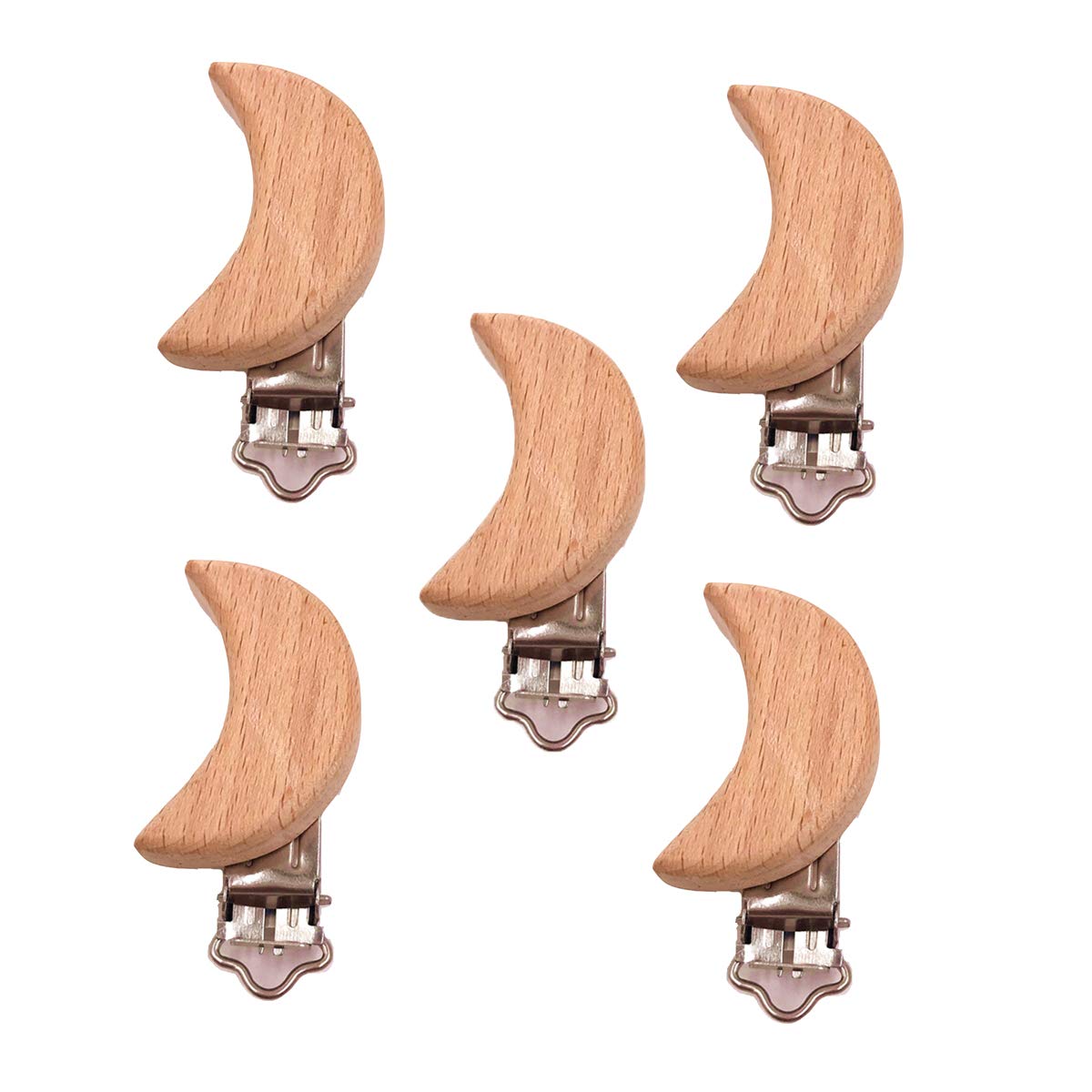 5pcs Natural Wooden Pacifier Clips - Cute Beech Wood Animal & Moon Shape Charms for DIY Baby Pacifier Chains | Safe & Non-Toxic Baby Accessories for Outings, Travel & Daily Use