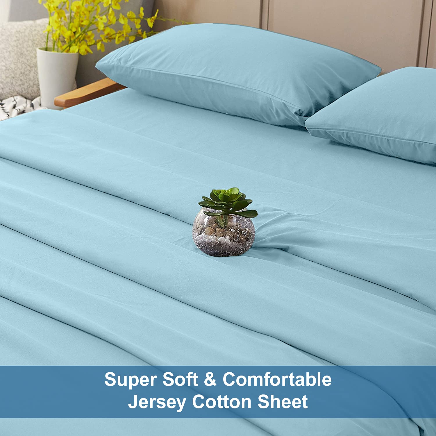 **DAN RIVER Queen Jersey Sheet Set - 100% Cotton Luxury Bed Sheets | Ultra Soft & Comfortable T-Shirt Material | All Season Deep Pocket Bedding (4Pc, Queen, Light Blue) | Perfect for Home, Hotel & Guest Room**