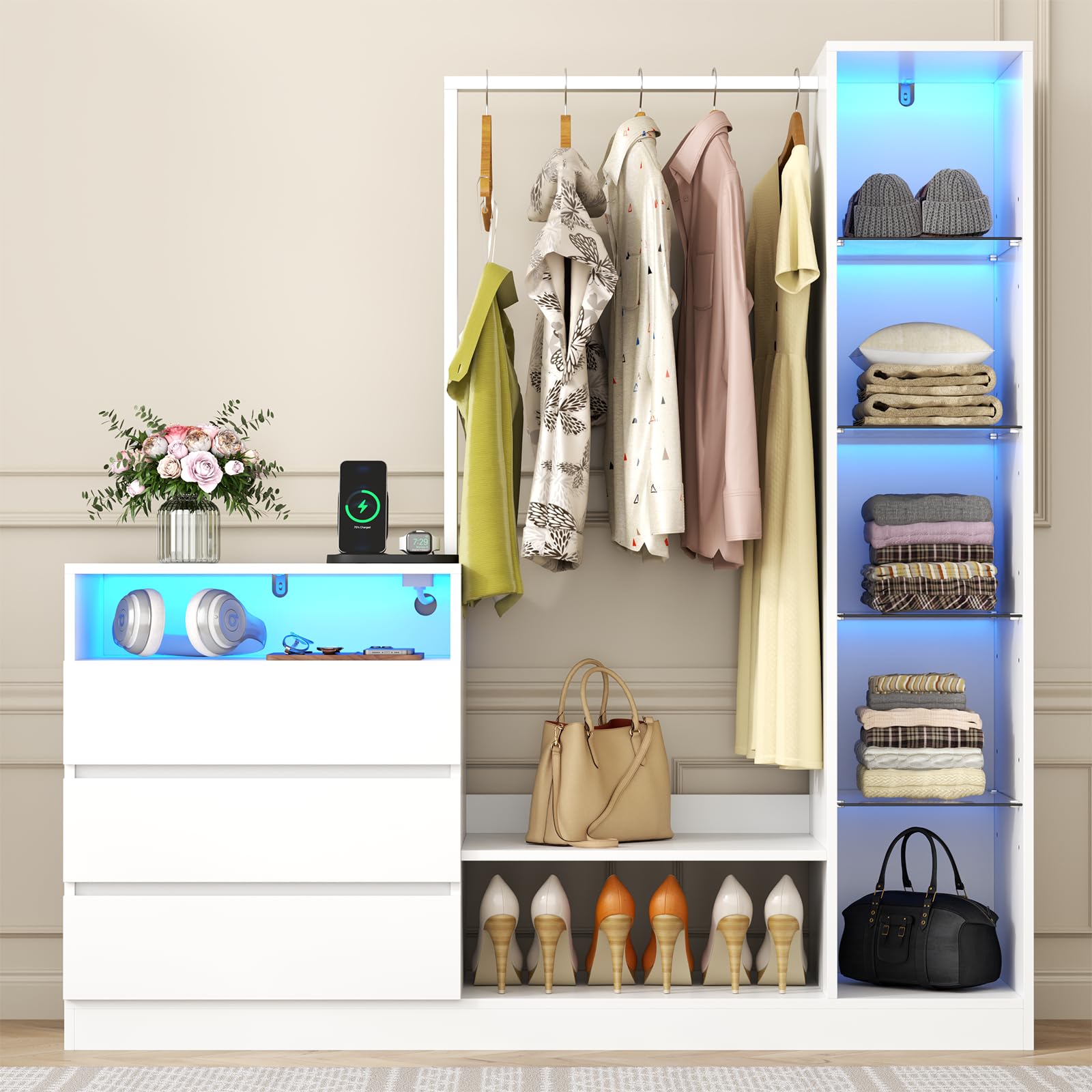 Large White Armoire Wardrobe Closet with Hanging Rod, 3 Drawers & Adjustable Shelves - Spacious Clothing Storage Cabinet with Built-in Charging Station & LED Lights - Perfect Bedroom Dresser & Closet Organizer for Home, Apartment or Dorm Room Storage Solutions
