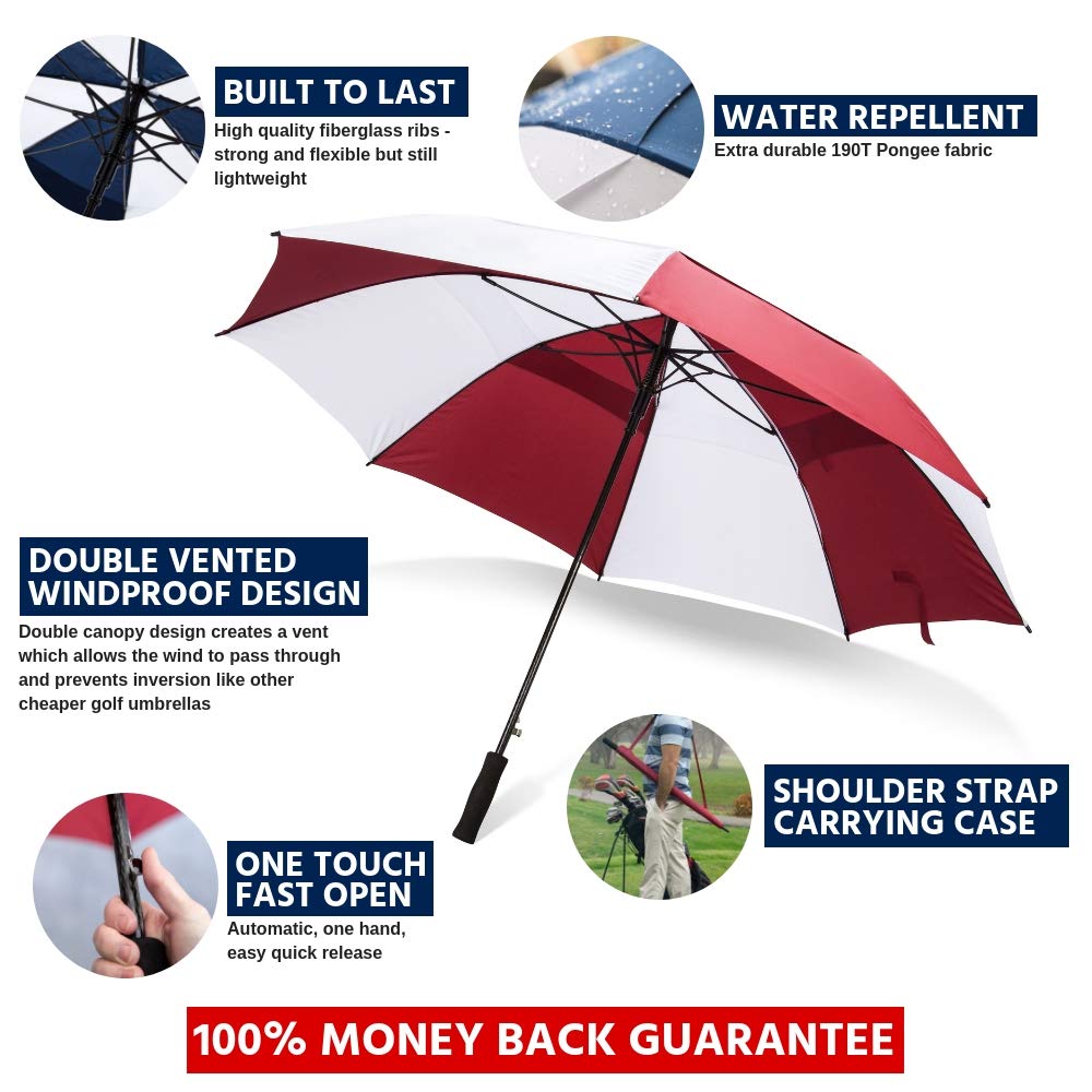 62/68 Inch Automatic Open Golf Umbrella - Extra Large Windproof Waterproof Double Canopy with Vented Design for Golf, Beach & Outdoor Activities