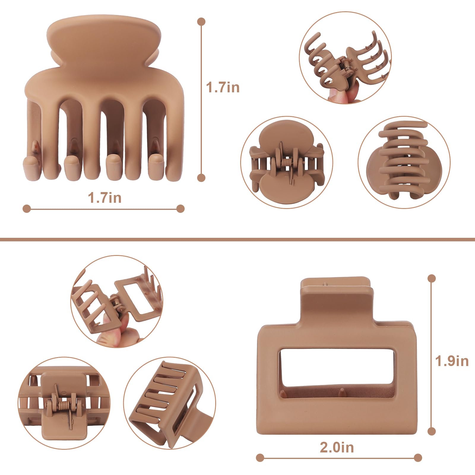 8 Pcs Matte Non-Slip Rectangle Jaw Clips for Thin Hair | Small Claw Hair Clips for Women & Girls | Medium Hair Accessories in Brown | Perfect for School, Work & Everyday Styling