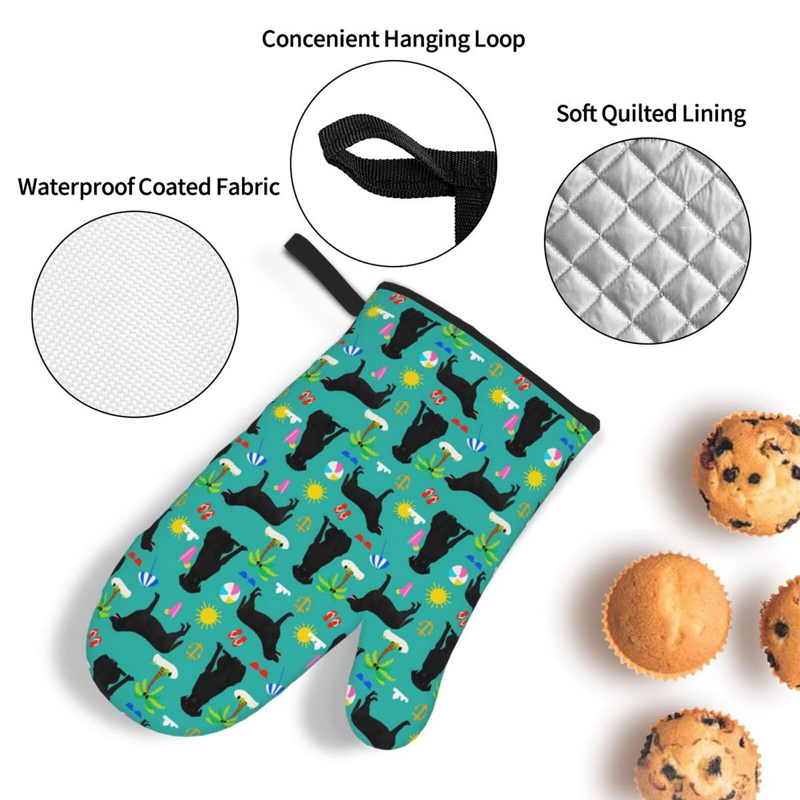 Black Labrador Retriever Themed Heat Resistant Oven Mitts & Pot Holders Set of 4 - Summer Beach Dog Breed Kitchen Accessories for Baking, Cooking & Grilling - Perfect for Dog Lovers & Beach-Themed Kitchens