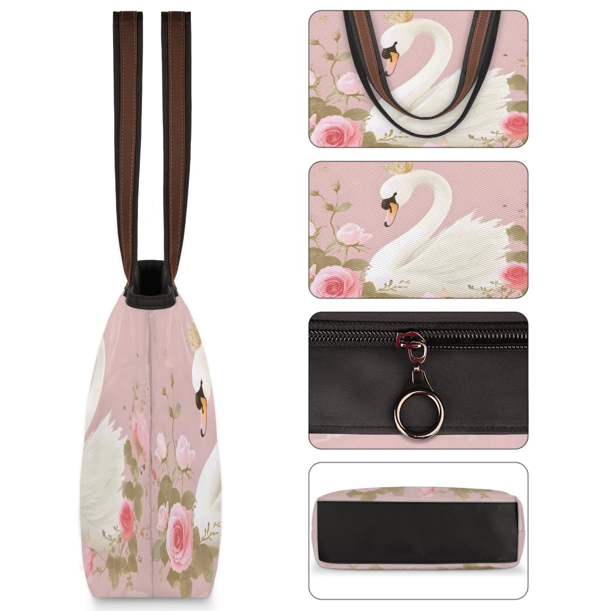 Elegant Swan Roses Floral Tote Bag for Women - Zippered Work & Travel Handbag - Perfect for Office, Commute, and Weekend Getaways