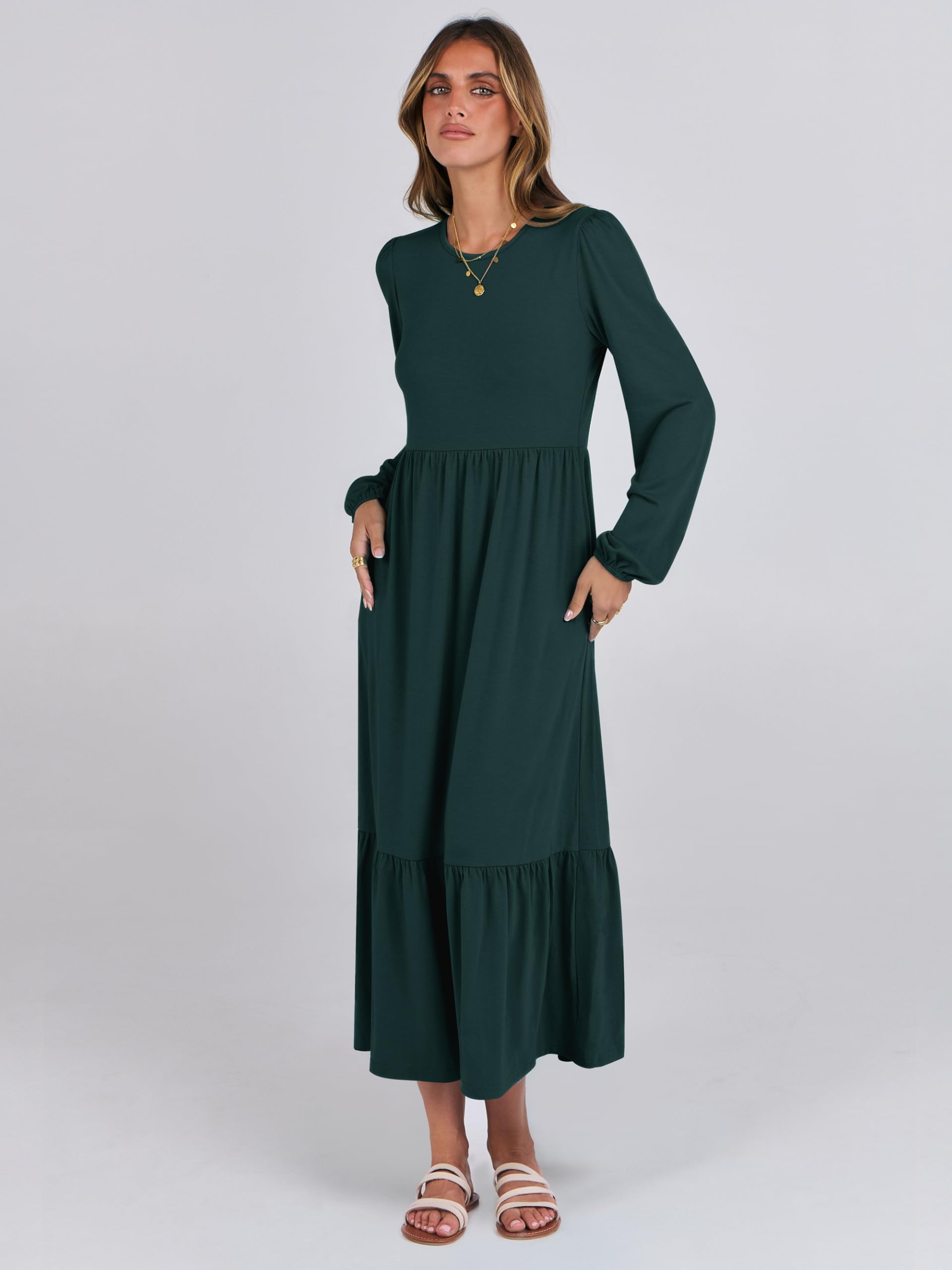ANRABESS Women's Casual Long Sleeve Midi Dress 2025 Spring Crewneck A-Line Tiered Flowy Loose Trendy Dresses with Pockets - Perfect for Office Wear, Date Night, Spring Outfits & Everyday Comfort