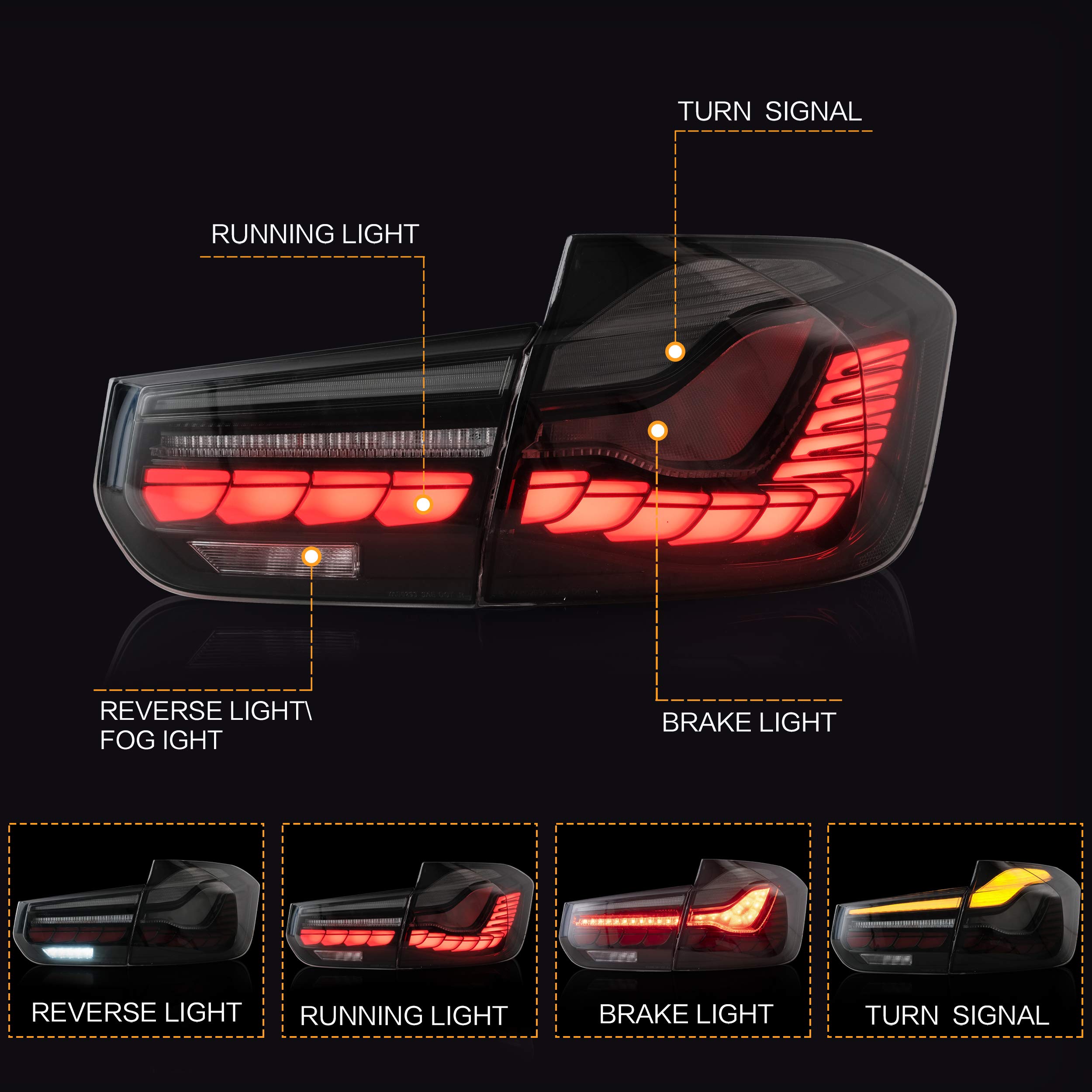 VLAND OLED Tail Lights Assembly for BMW M3 & 3 Series F30 F35 F80 Sedan (2012-2018) - Upgraded Dragon Scale DRL, Sequential Turn Signals, Smoked Lens - Perfect for Night Driving & Car Customization