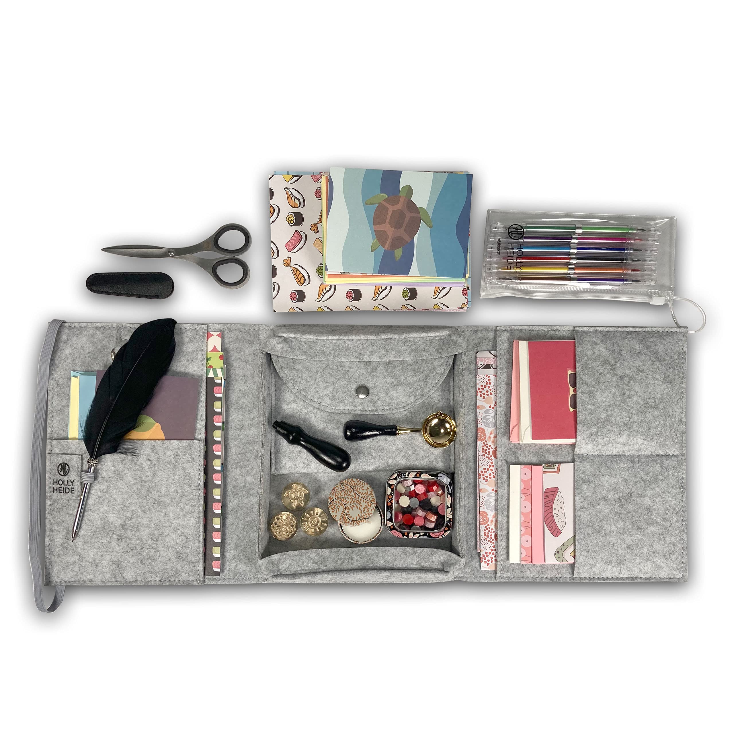 Holly Heide Wax Seal Pen Pal Pack (Light Gray) - Custom Felt Organizer & Complete Wax Seal Kit with Colorful Wax Beads, Vintage Scissors & Gel Pens - Perfect for Letter Writing, Wedding Invitations & DIY Crafts