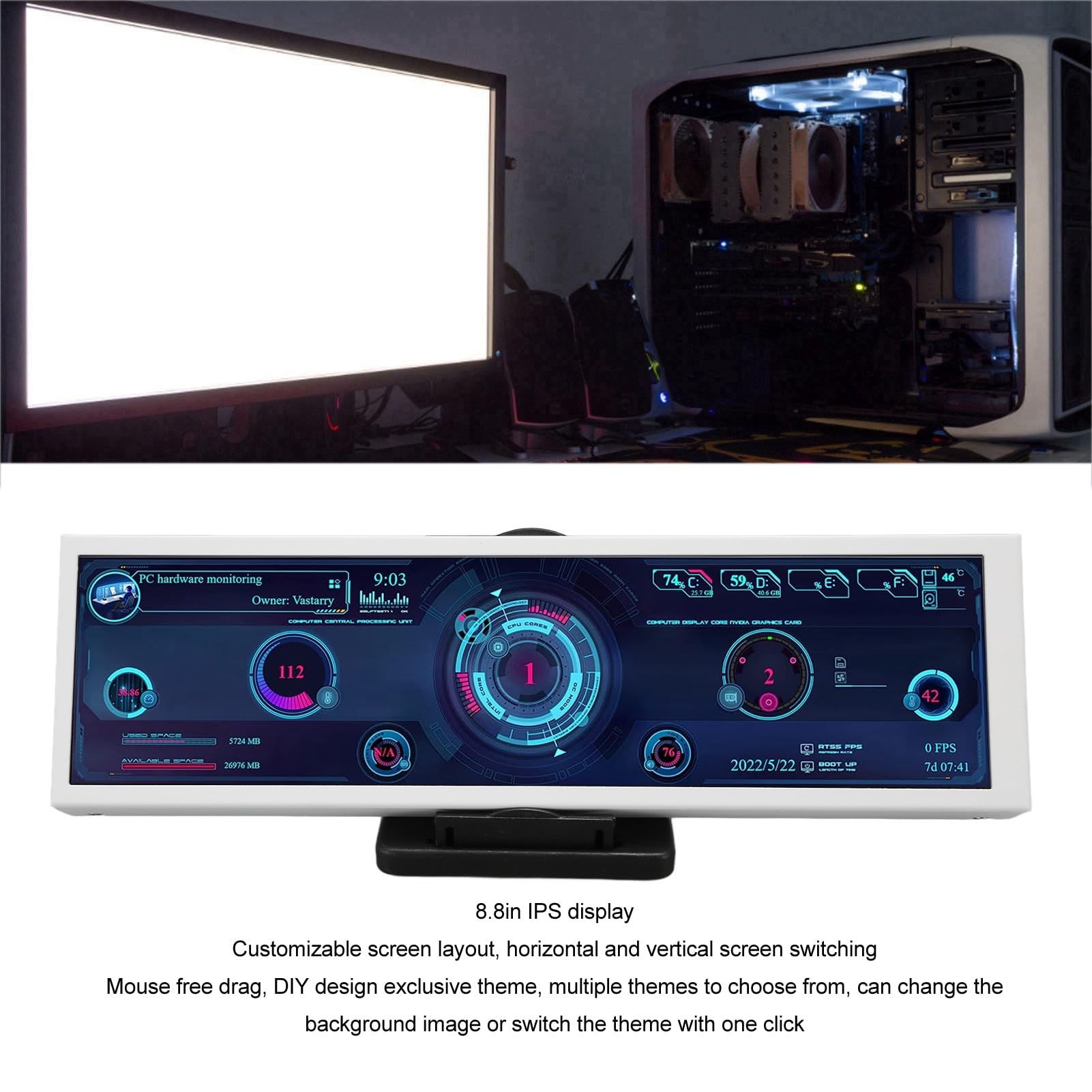 Goshyda 8.8 Inch PC Temperature Monitor with IPS Mini Secondary Screen - 360° Auto Rotation for CPU GPU Monitoring, Aida 64 Support (Touch Screen) - Perfect for Gaming PCs, Workstations, and PC Builders
