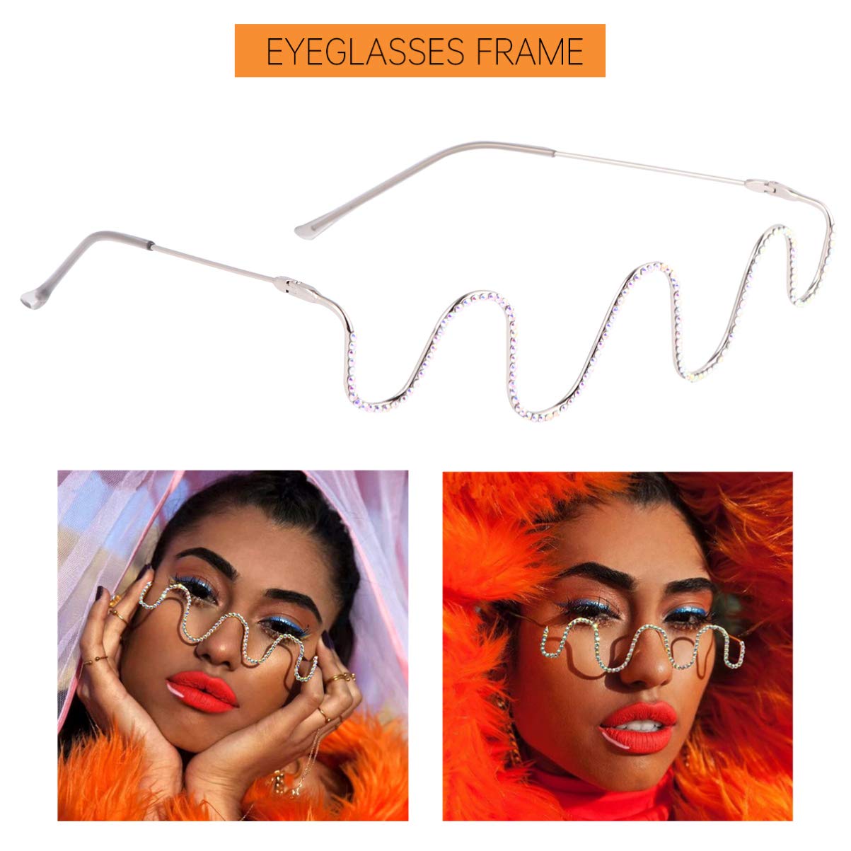 Sparkling Diamond Half Frame Glasses for Women - Fashionable Silver Eyeglass Frame Without Lenses | Perfect for Reading, Cosplay & Vintage Style Outfits