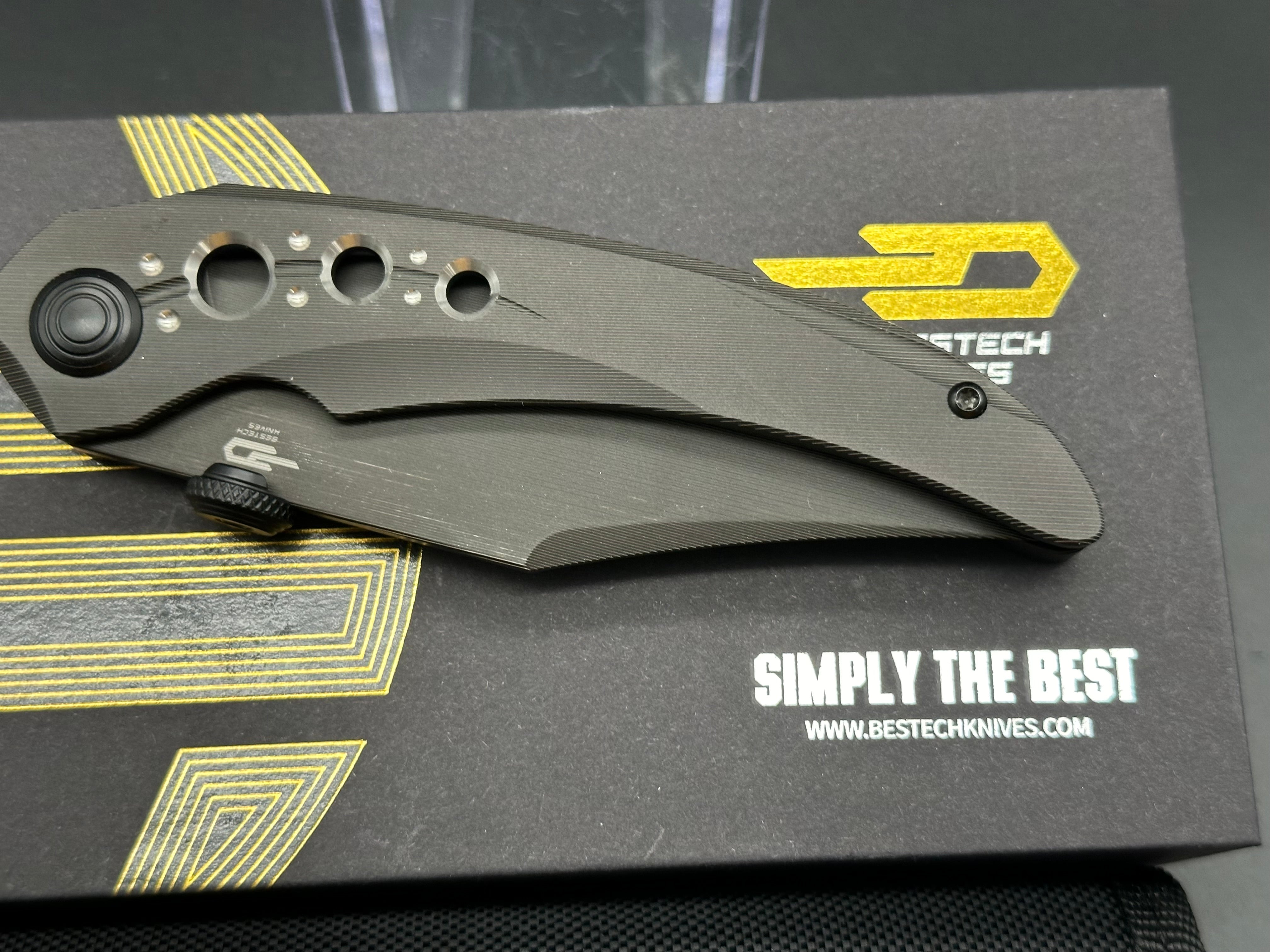 BESTECH RAZON Folding Knife - Black Titanium Handle, MagnaCut Steel Blade with Black PVD/Lasering Line Coating - EDC Pocket Knife for Camping, Hiking & Outdoor Survival