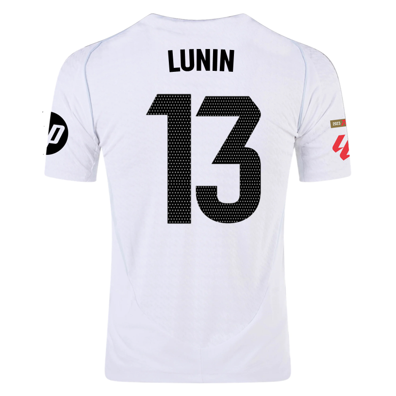 Adidas Lunin Real Madrid Authentic Home Jersey 24/25 with La Liga Patches - White & Black Soccer Shirt for Fans & Match Days