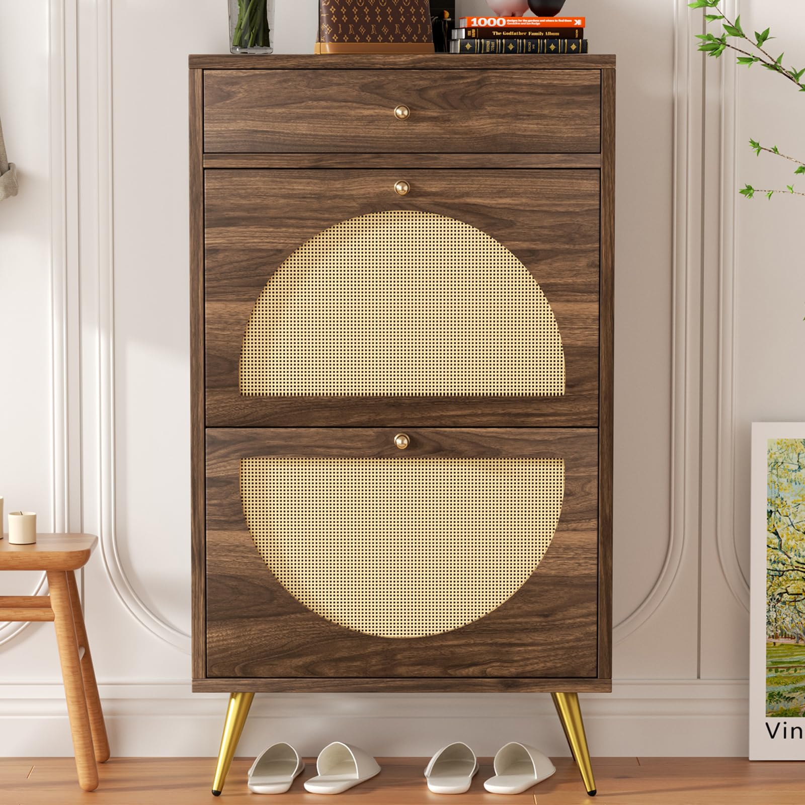 Meilocar Rattan Shoe Cabinet with 2 Flip Doors & 1 Drawer - 3-Tier Adjustable Shelf Shoe Storage Organizer - Freestanding Slim Shoe Rack for Entryway, Closet, Hallway - Perfect for Small Spaces & Home Organization (Walnut)