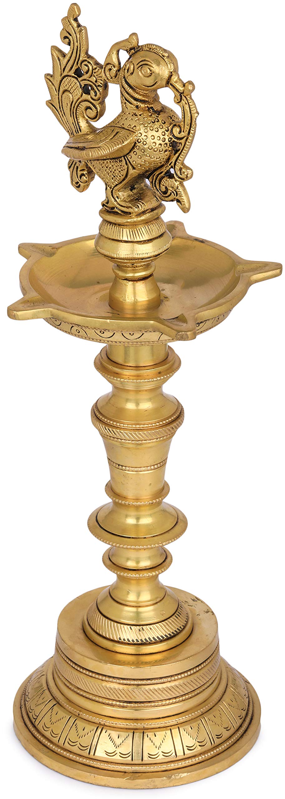 Exotic India Five Wicks Annam Lamp (Peacock Lamp) - Handcrafted Brass Statue for Home Decor, Meditation & Yoga Room, Pooja Altar - Traditional Indian Oil Lamp for Spiritual Ceremonies & Festivals