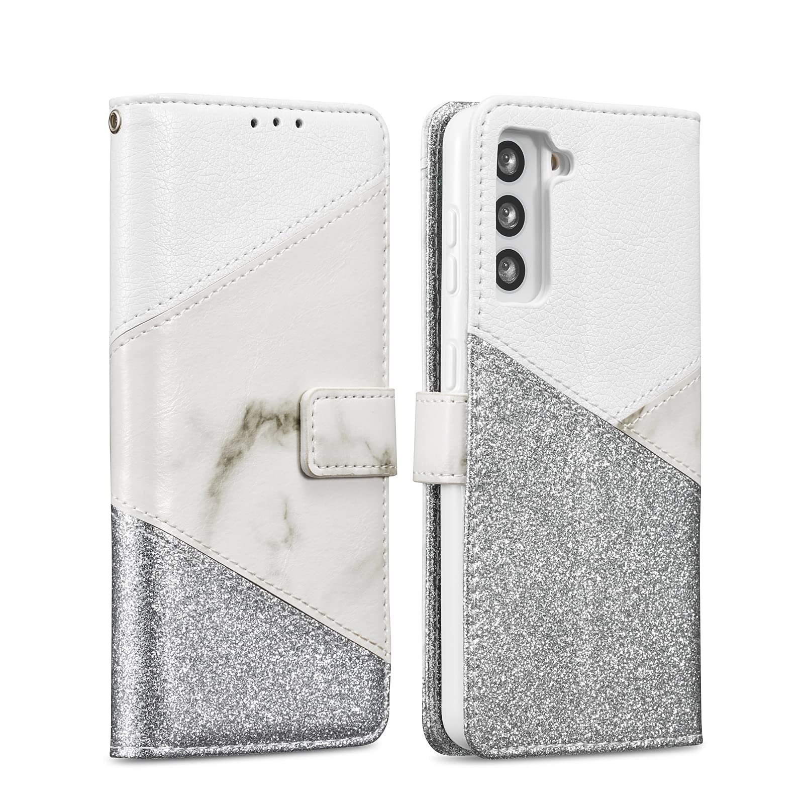 Premium Bling Glitter PU Leather Wallet Case for Samsung Galaxy S22 - Ceramic Pattern Soft TPU Folio Flip Cover with Card Slots (White) | Perfect for Everyday Use, Travel & Business Meetings