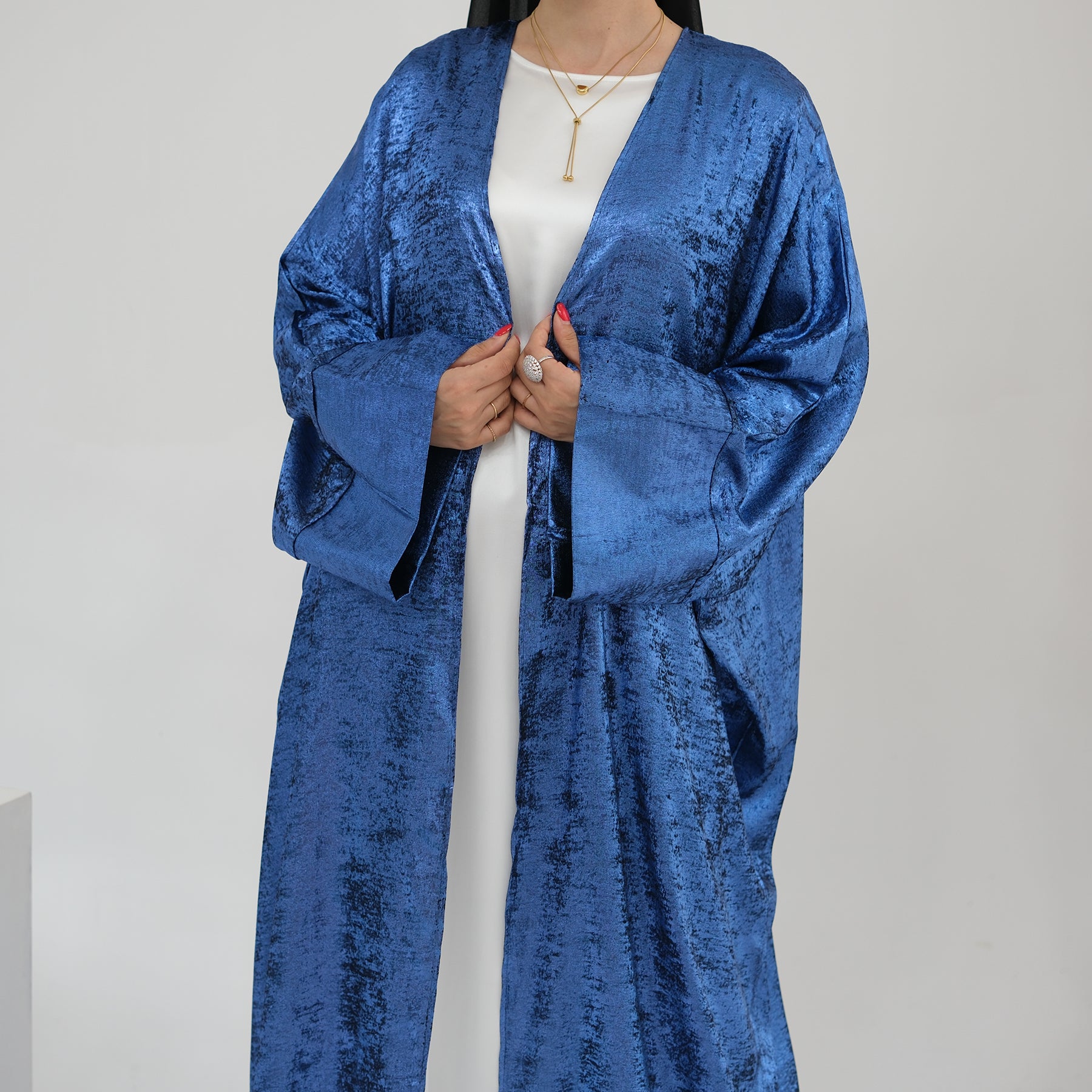Draya Shimmer Kimono Open Abaya - Elegant Blue Muslim Abaya Dress for Women | Perfect for Prayer, Eid, Wedding & Special Occasions