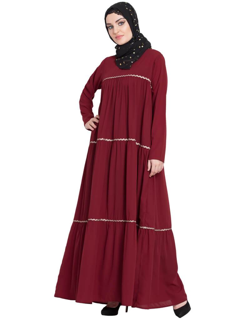 Elegant Arabic 3-Panel Gathered Abaya with Zig Zag Lace Flare - Maroon Color for Women | Perfect for Eid, Wedding & Special Occasions