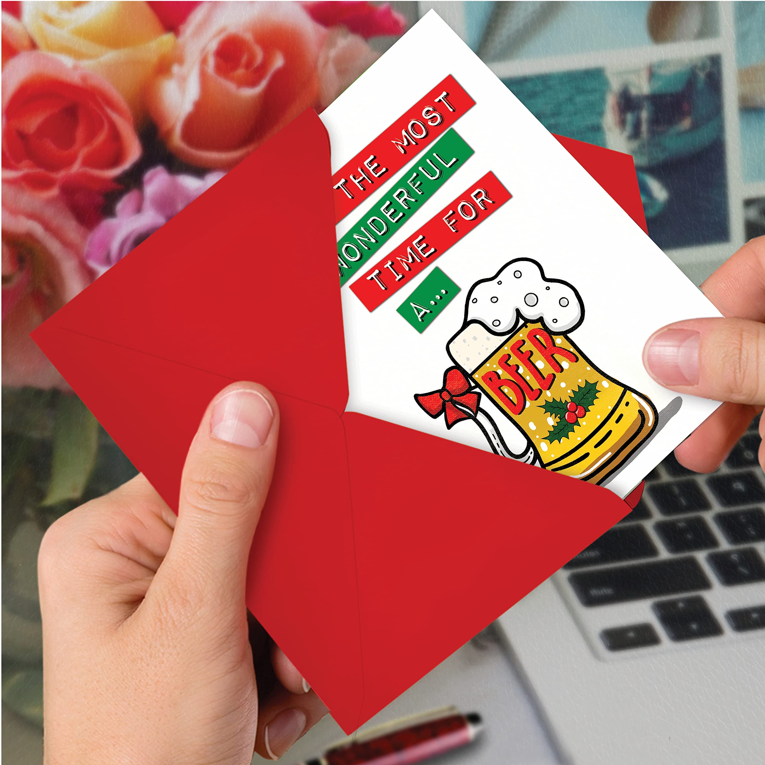 NobleWorks 12-Pack Funny Christmas Greeting Cards with Envelopes - Holiday Humor Beer Time Design for Men & Women - Perfect for Office Parties, Family Gatherings & Secret Santa Exchanges (C7072XSG-B12x1)