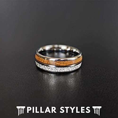 Unique Meteorite & Bourbon Barrel Wood Tungsten Wedding Band for Men - 8mm Comfort Fit Durable Ring - Anniversary Gift for Him - Perfect for Weddings, Engagements & Special Occasions