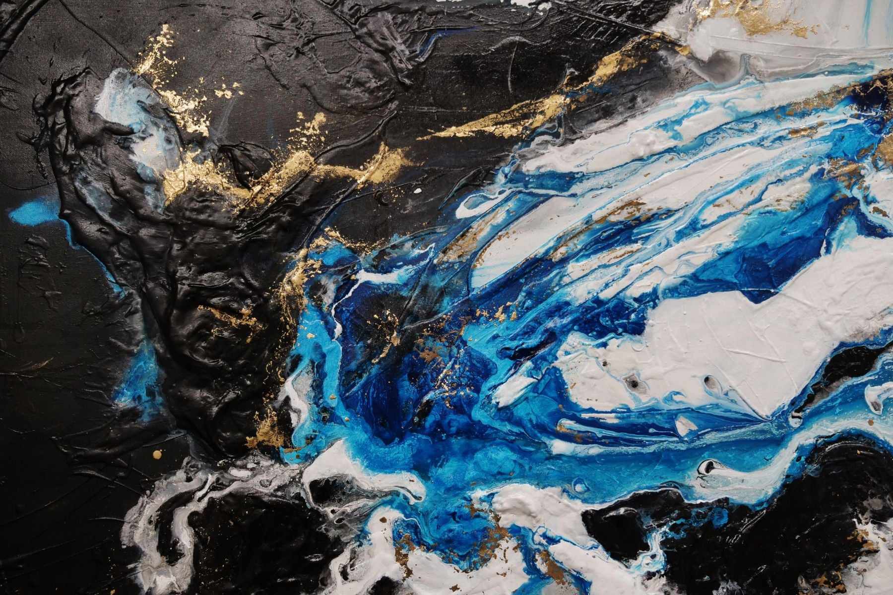 Cobalt Reign 270cm x 120cm Black Blue Gold Textured Abstract Canvas Art - Modern Wall Decor for Living Room, Bedroom & Office