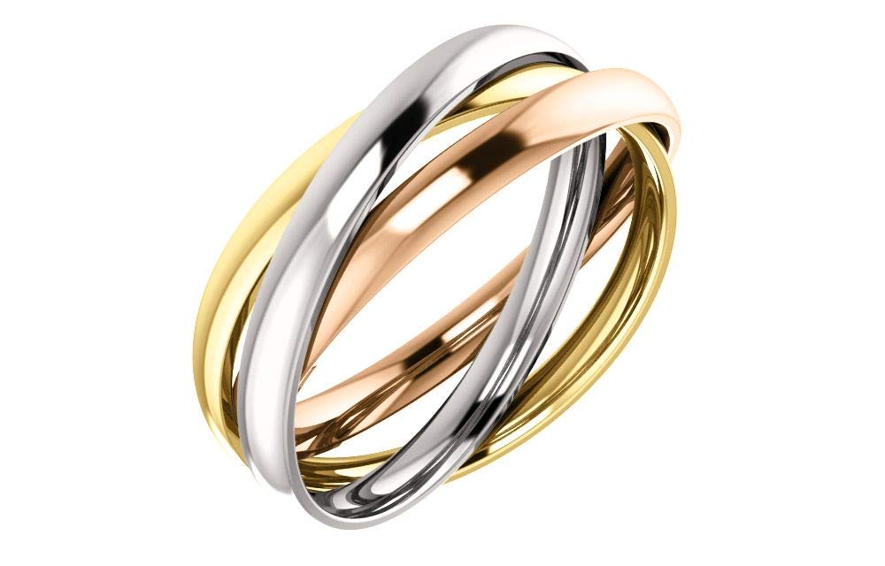 14K Tri-Color Gold Rolling Wedding Ring Band - Rose, Yellow & White Gold Stackable Ring Size 7 | Perfect for Bridal Sets, Anniversary Gifts & Everyday Elegance