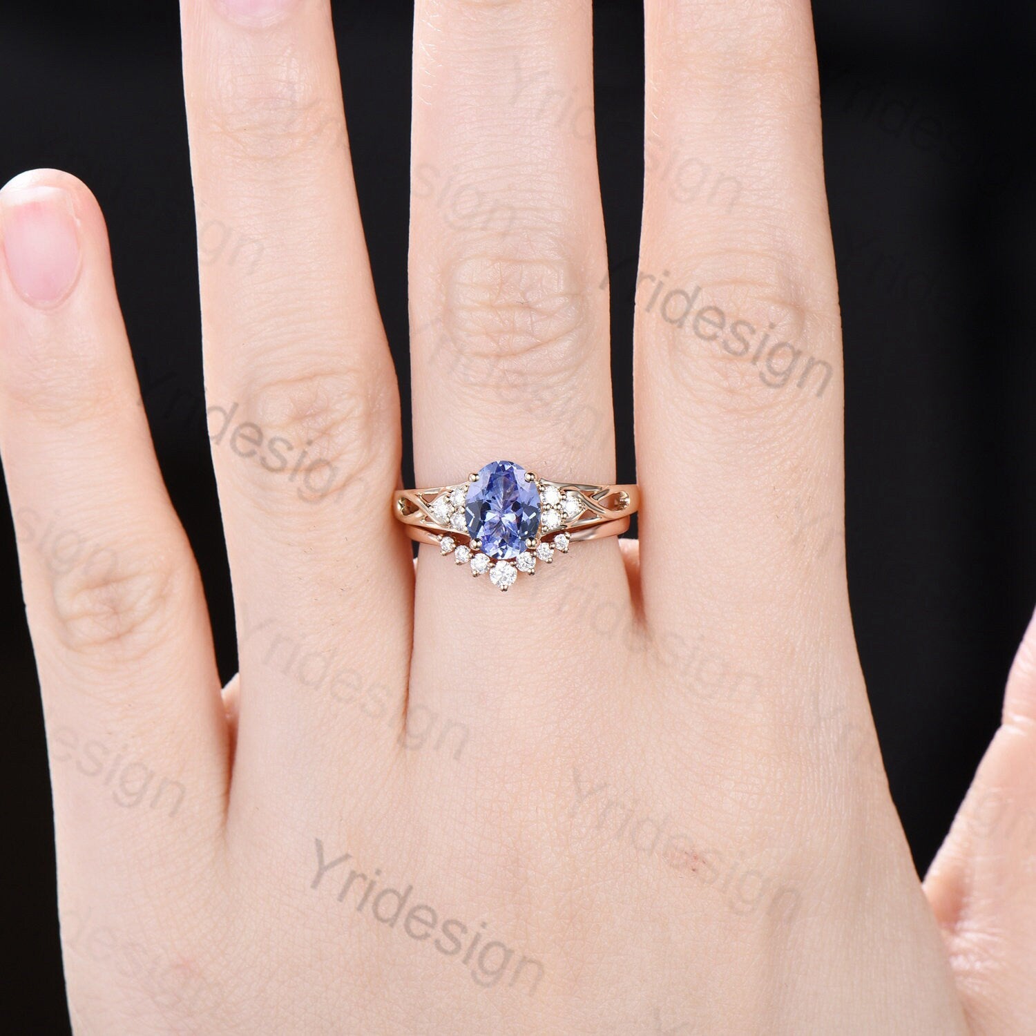 18K Yellow Gold Vintage Celtic Love Tanzanite & Diamond Engagement Ring Set for Women - Art Deco Wedding Jewelry with Natural Tanzanite Cluster | Perfect for Proposals, Anniversaries & Special Occasions