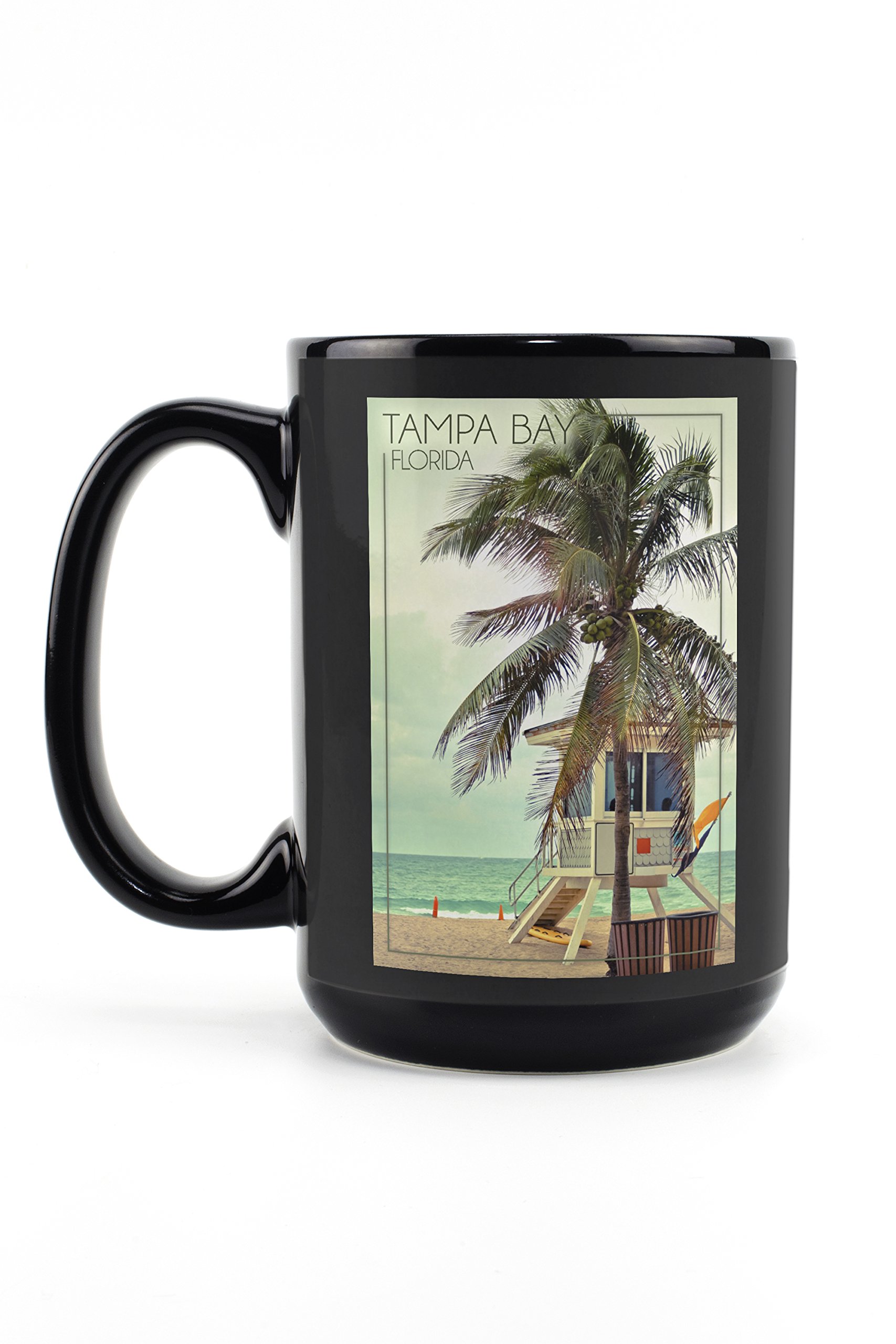 Lantern Press Tampa Bay Florida Lifeguard Shack & Palm 15oz Black Ceramic Coffee Mug - Microwave & Dishwasher Safe - Perfect for Beach Lovers & Florida Souvenir Collectors