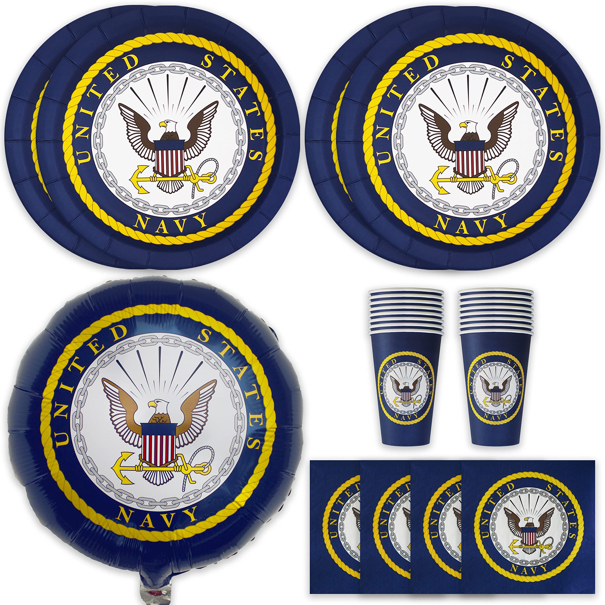 **Havercamp Official U.S. Navy Party Supplies Kit for 16 Guests – Includes 16 Large 9” Plates, Napkins, Cups & 18” Mylar Balloon with Navy Crest – Perfect for Navy Celebrations, Homecomings & Military Themed Events**