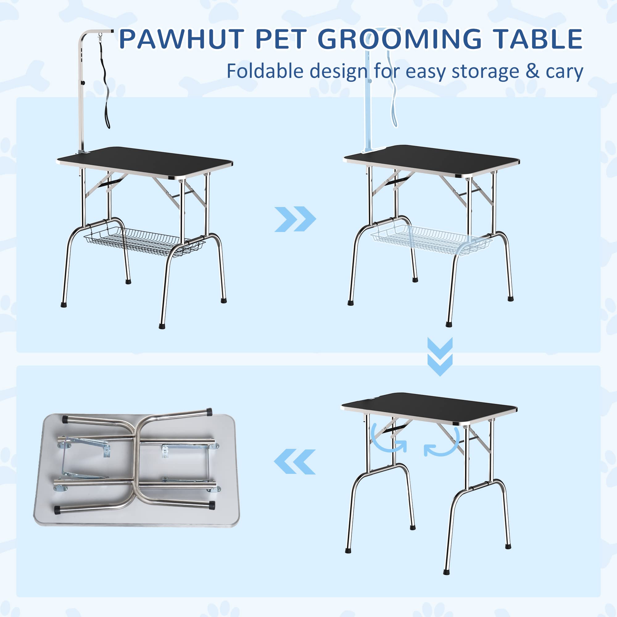 PawHut Adjustable Dog Grooming Table with Arm & Storage Shelf - Foldable Pet Grooming Station for Professional & Home Use - Perfect for Bathing, Trimming & Styling Small to Medium Dogs