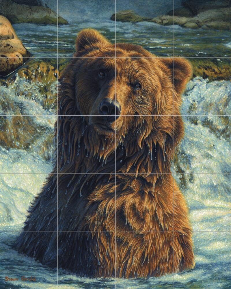 Ceramic Backsplash Tile Mural - Bear Wildlife Black Brown Grizzly Design - Kitchen & Bathroom Wall Decor - Shangri-La Collection by Shawn Gould - Perfect for Rustic Cabin, Lodge, or Nature-Themed Interiors