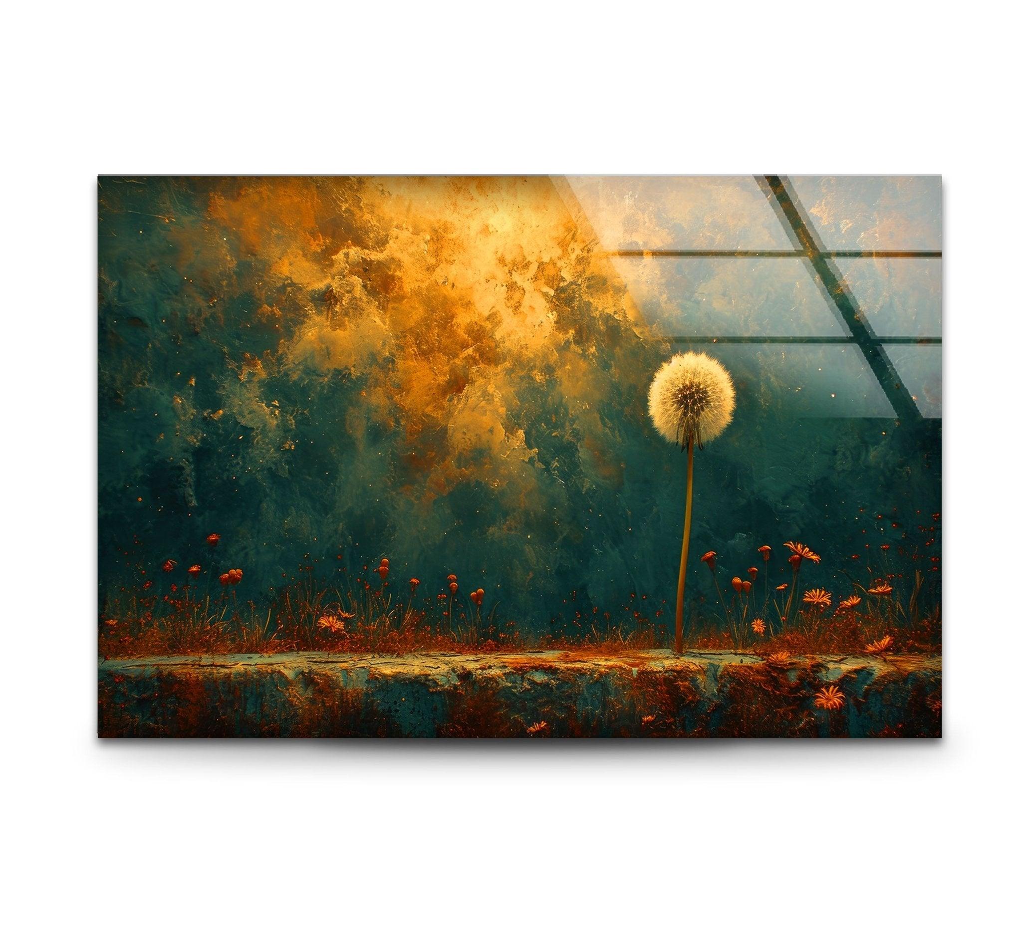 Abstract Dandelion Glass Wall Art - Handmade Modern Home Decor for Living Room, Bedroom & Office - Unique Glass Wall Hanging for Boho, Contemporary Interior Design