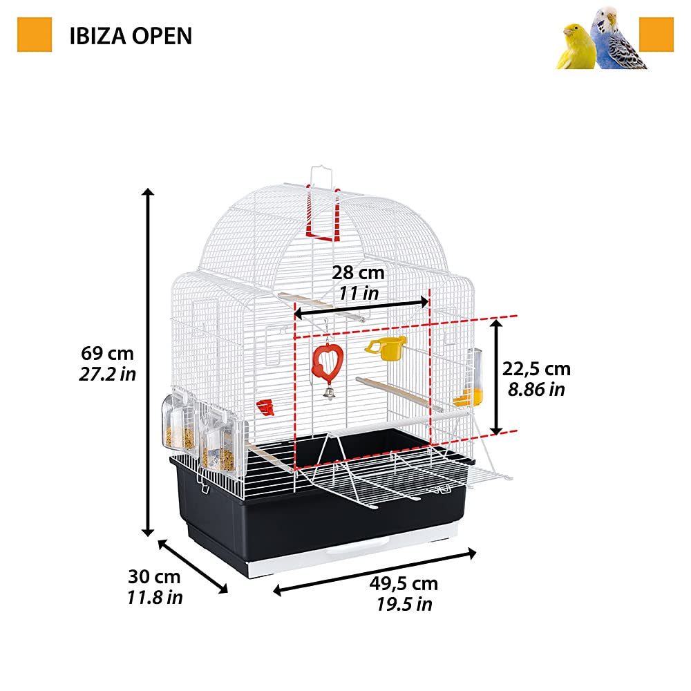 Ferplast Ibiza Open Bird Cage - Medium Size with Pearly White Bars & Black Base - Includes Accessories for Parakeets, Canaries & Small Birds - Perfect for Home, Office or Pet Store Display