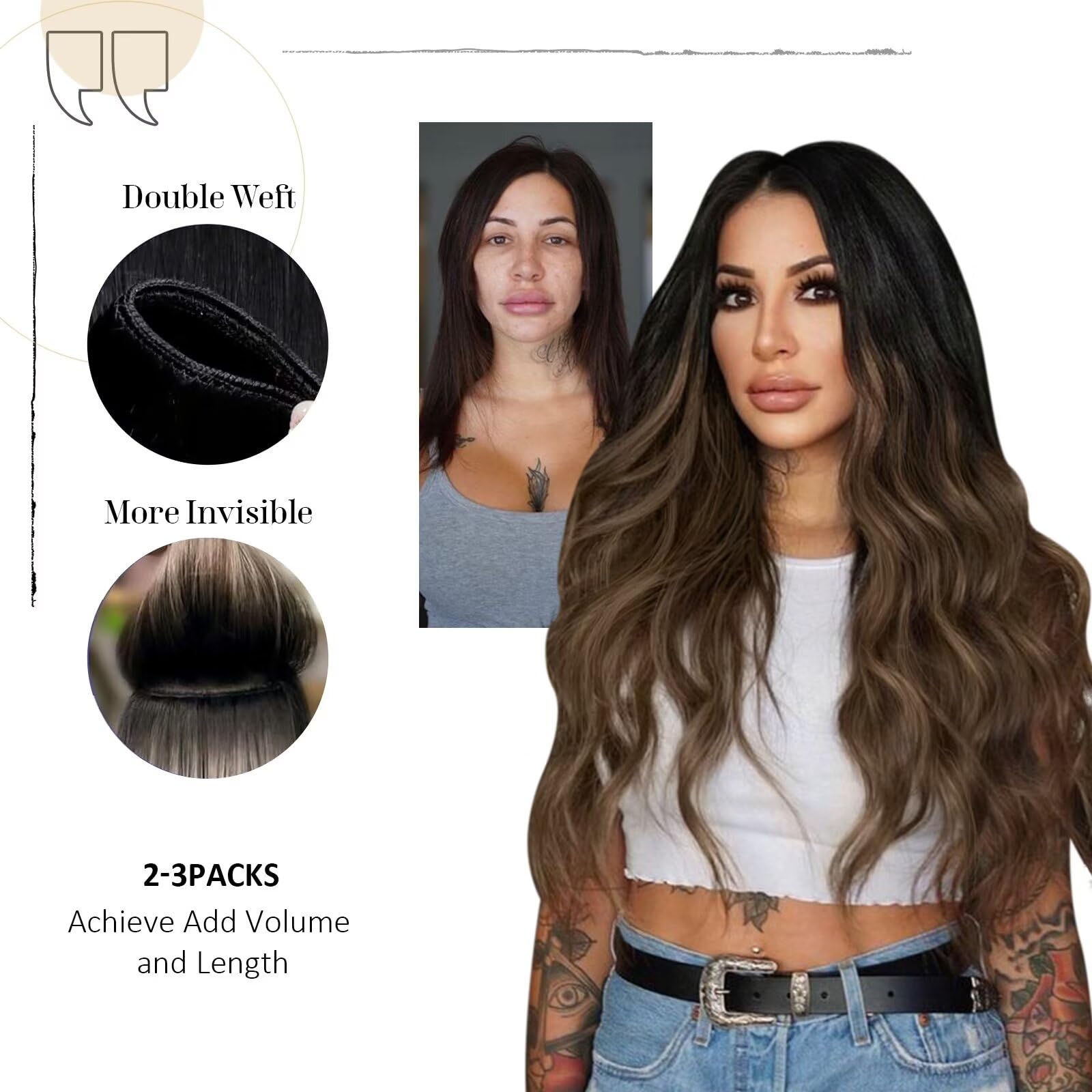 20 Inch Vivien Balayage Brown Human Hair Sew-in Extensions - 100G Remy Human Hair Weft Bundles (Natural Black to Brown with Ash Blonde) for Styling & Volume - Perfect for Parties, Weddings & Everyday Glamour