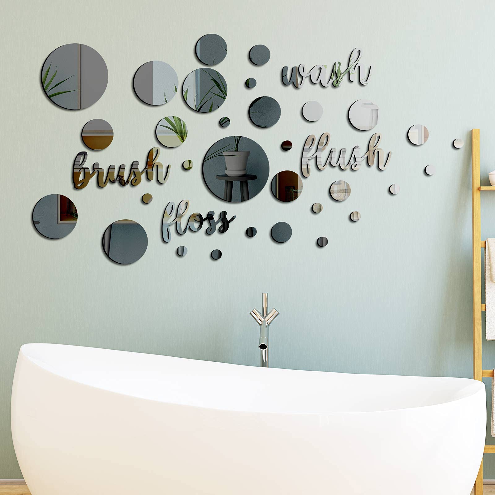 30 Pack 3D Round Mirror Wall Decals - Self-Adhesive Bathroom Stickers for Wash Flush Brush Floss, DIY Acrylic Mirror Decor for Home, Bedroom & Living Room (Black) - Perfect for Modern Home Decor, Kids' Bathroom & Spa-Inspired Spaces