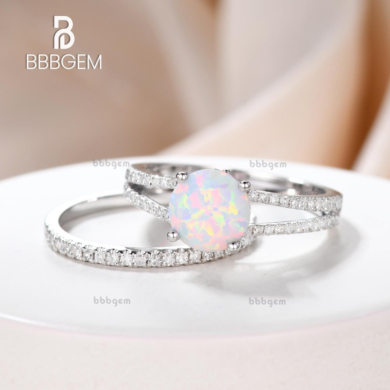 Vintage Opal Engagement Ring Split Shank Set with Pave Diamond Band - Elegant Wedding Jewelry for Brides, Anniversary Gifts & Special Occasions