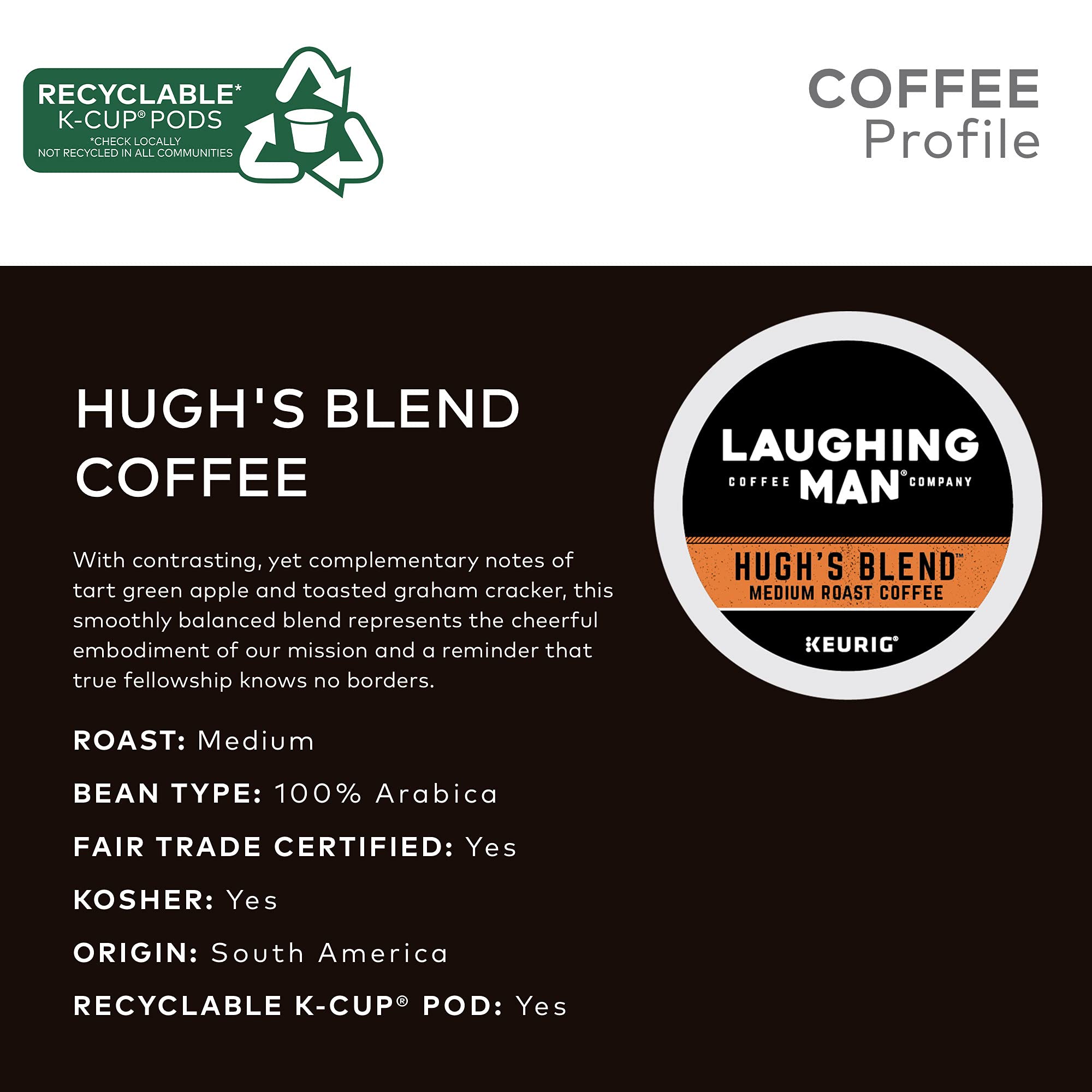 Laughing Man Hugh’s Blend Fair Trade Medium Roast Arabica Coffee Pods - 88 Recyclable K-Cups (4 Packs of 22) for Keurig Single-Serve Coffee Makers | Perfect for Home, Office & Morning Brews