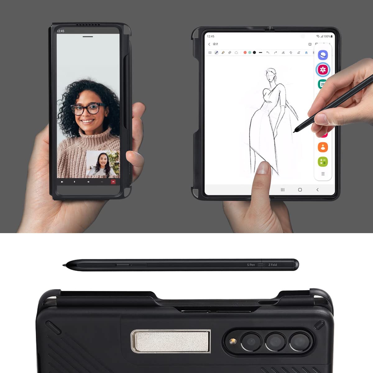 Samsung Galaxy Z Fold 3 Case with S Pen Holder & Kickstand - Black for Work & Travel