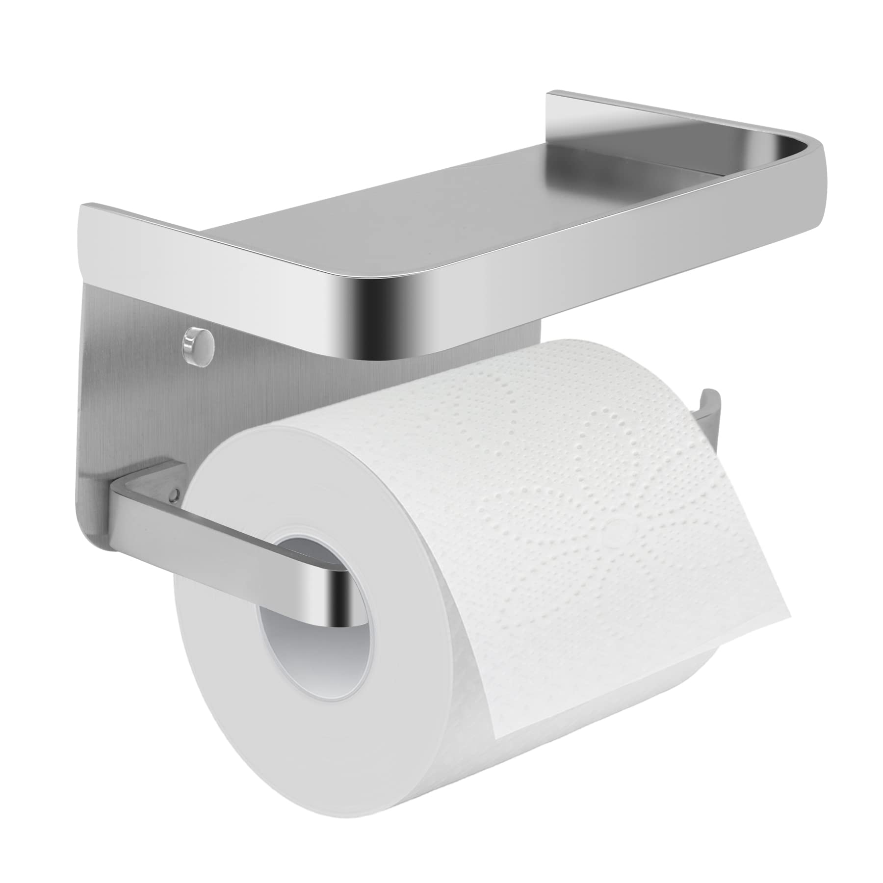 Brushed Nickel Toilet Paper Holder with Shelf - SUS 304 Stainless Steel Adhesive Bathroom Tissue Roll Holder - Modern Space-Saving Design for Small Bathrooms, RVs & Apartments