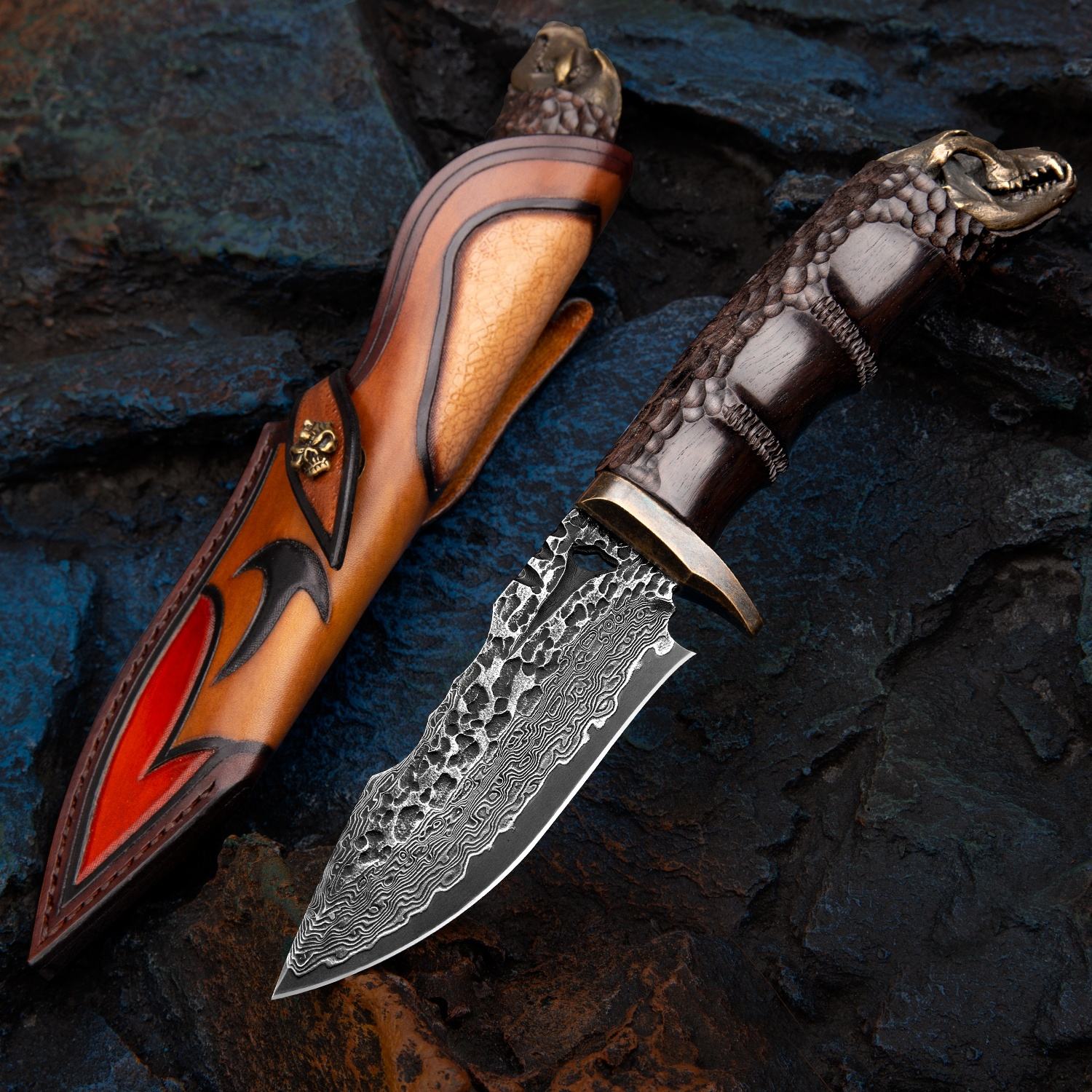 Premium VG10 Damascus Steel Hunting Knife with Exotic Ebony Wood Handle - Outdoor Survival, Camping & Bushcraft Essential