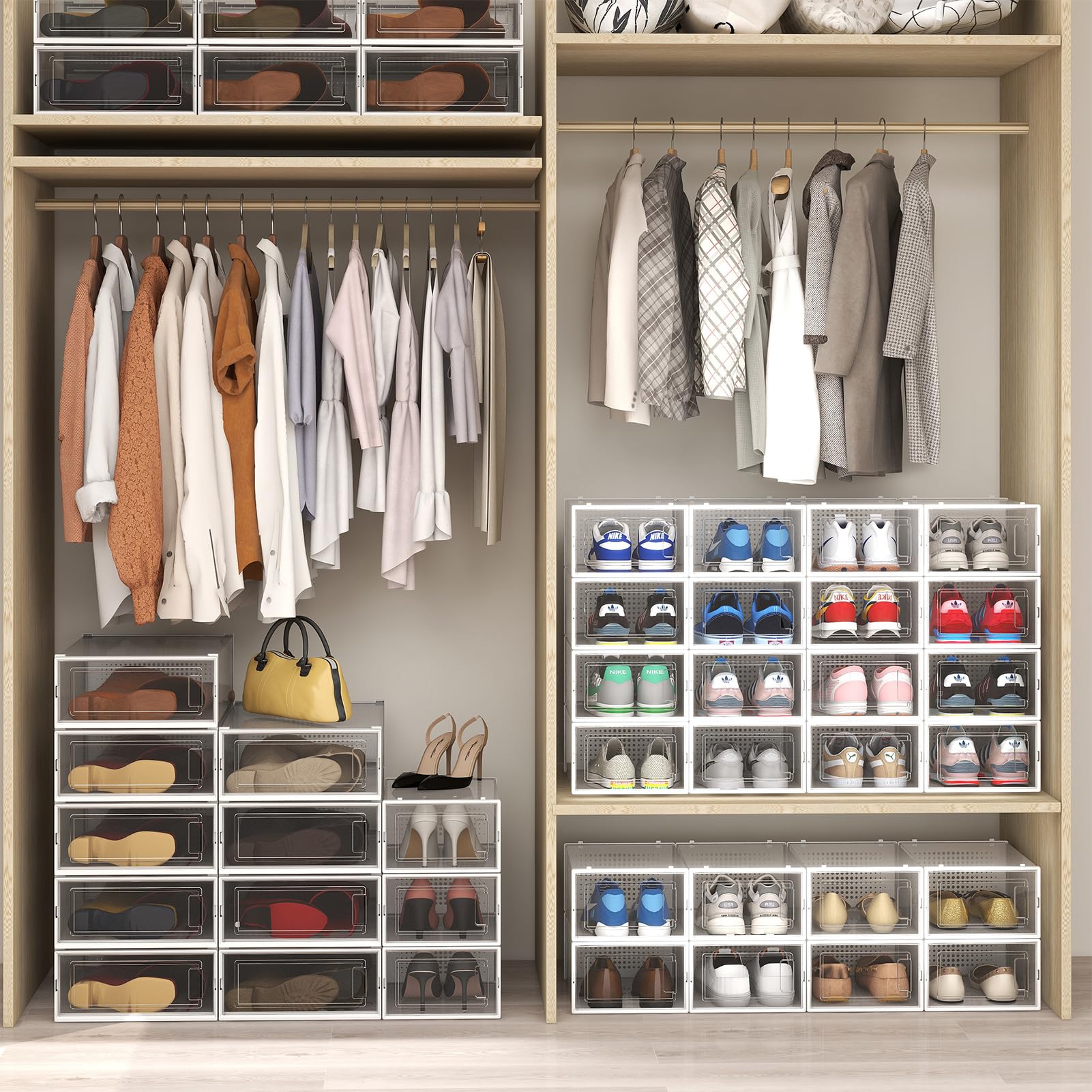 PARANTA 8-Piece Boot Storage Box & 12-Piece Shoe Organizer - Stackable Clear Plastic Shoe Box with Transparent Door for Closet, Entryway, and Bedroom Organization