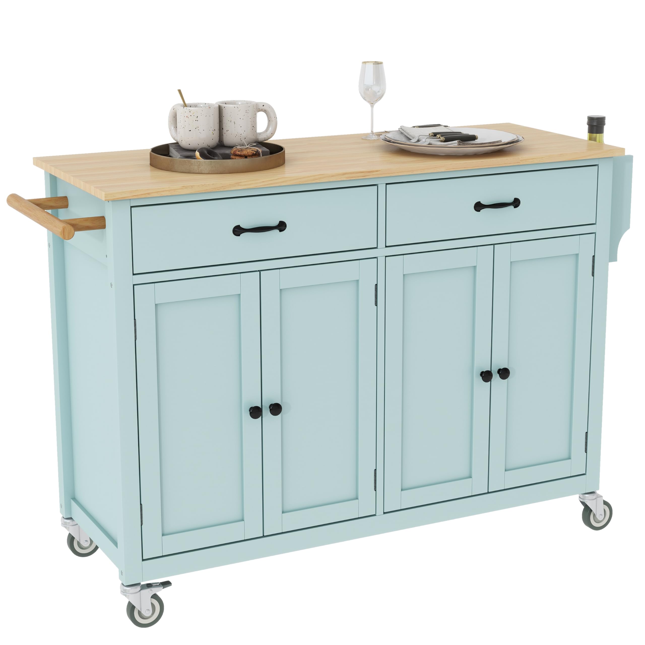 Large Rolling Kitchen Island with Storage Cabinets & 2 Drawers, Solid Wood Top, Mint Green - Perfect for Dining Room & Small Kitchen Spaces