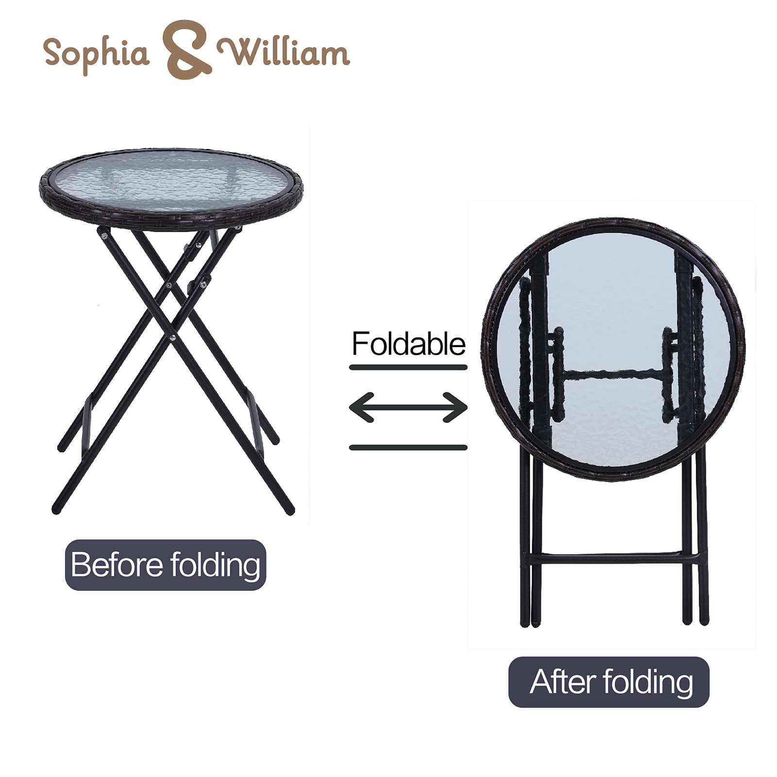 Sophia & William 2-Piece Round Outdoor Folding Side Table Set - Portable Bistro Coffee Table with Tempered Glass Top, Rattan Edge & Metal Frame - Perfect for Patio, Garden, Balcony, Poolside & Indoor Use