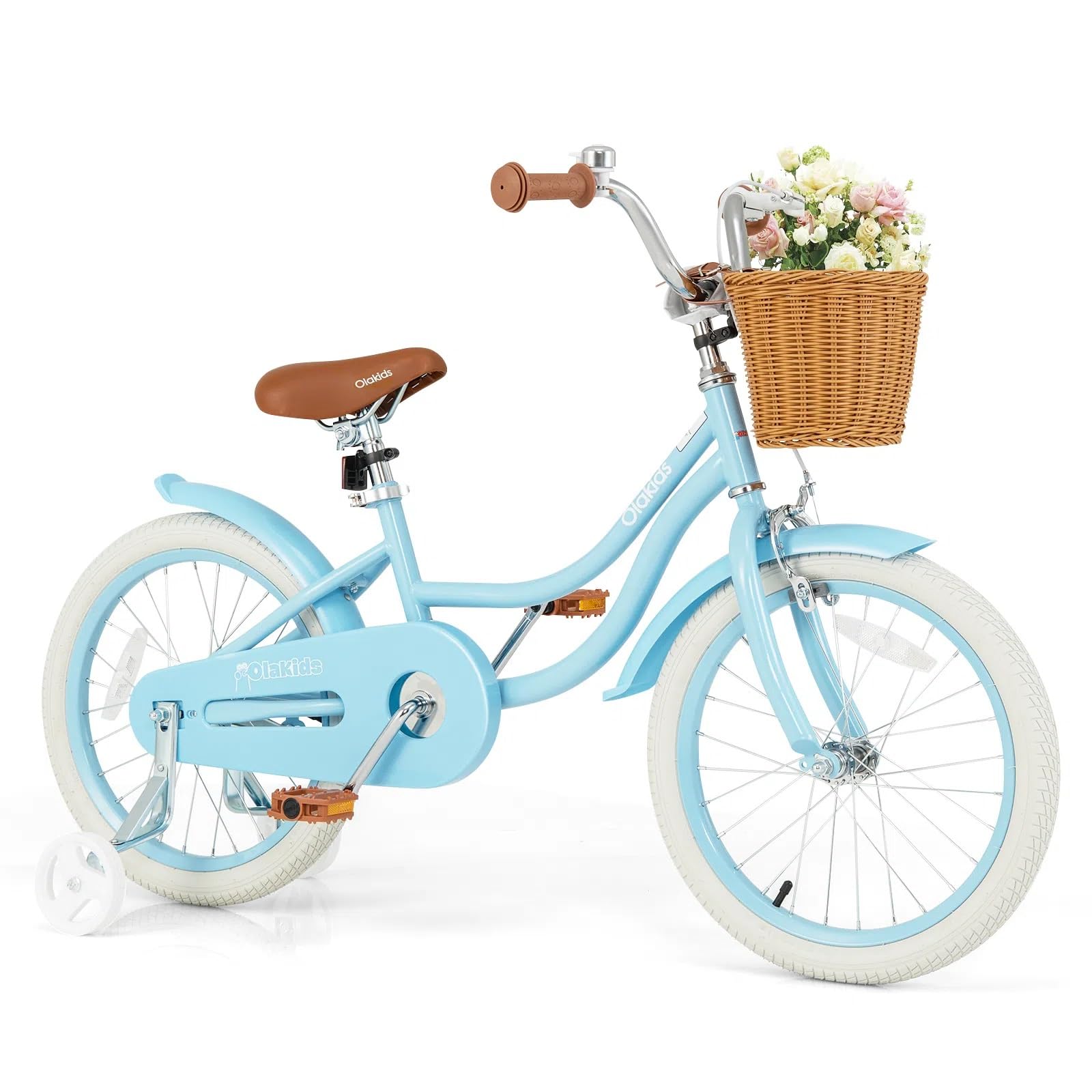 Olakids 14 16 18 Inch Kids Bike with Training Wheels - Adjustable Seat & Handlebar, Rattan Basket & Safety Bell - Toddler Bicycle for Boys Girls Ages 3-8 - Perfect for Neighborhood Rides, Park Adventures & Learning to Cycle