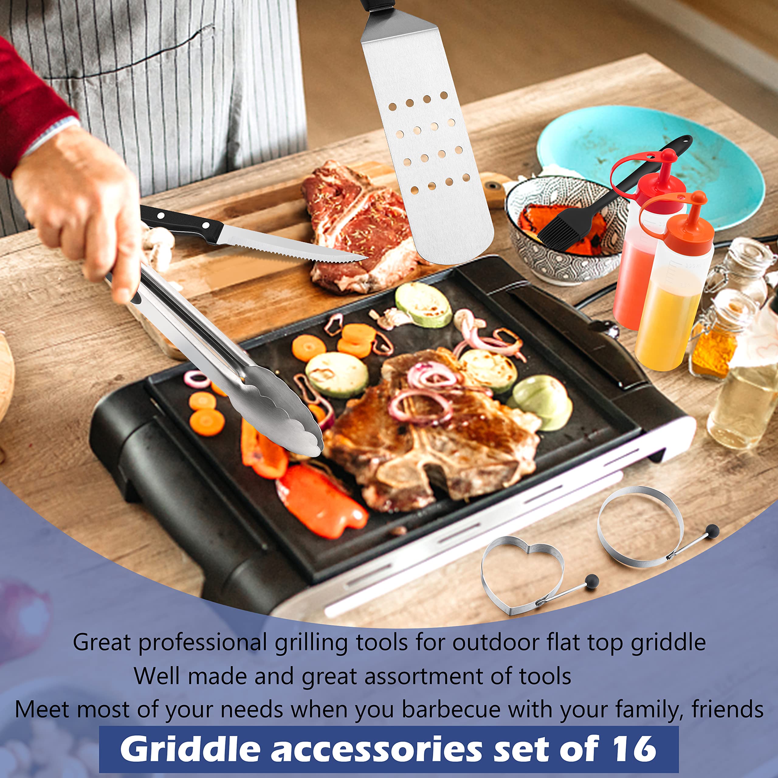 16-Piece Griddle Accessories Kit - HaSteeL Stainless Steel Teppanyaki Tools for Flat Top Grill, Hibachi & Camping BBQ | Heavy Duty Metal Spatulas, Chopper, Steak Knives, Squeeze Bottles & Carrying Bag | Easy to Clean & Durable | Perfect for Outdoor Cooking, Backyard Grilling & Camping Trips